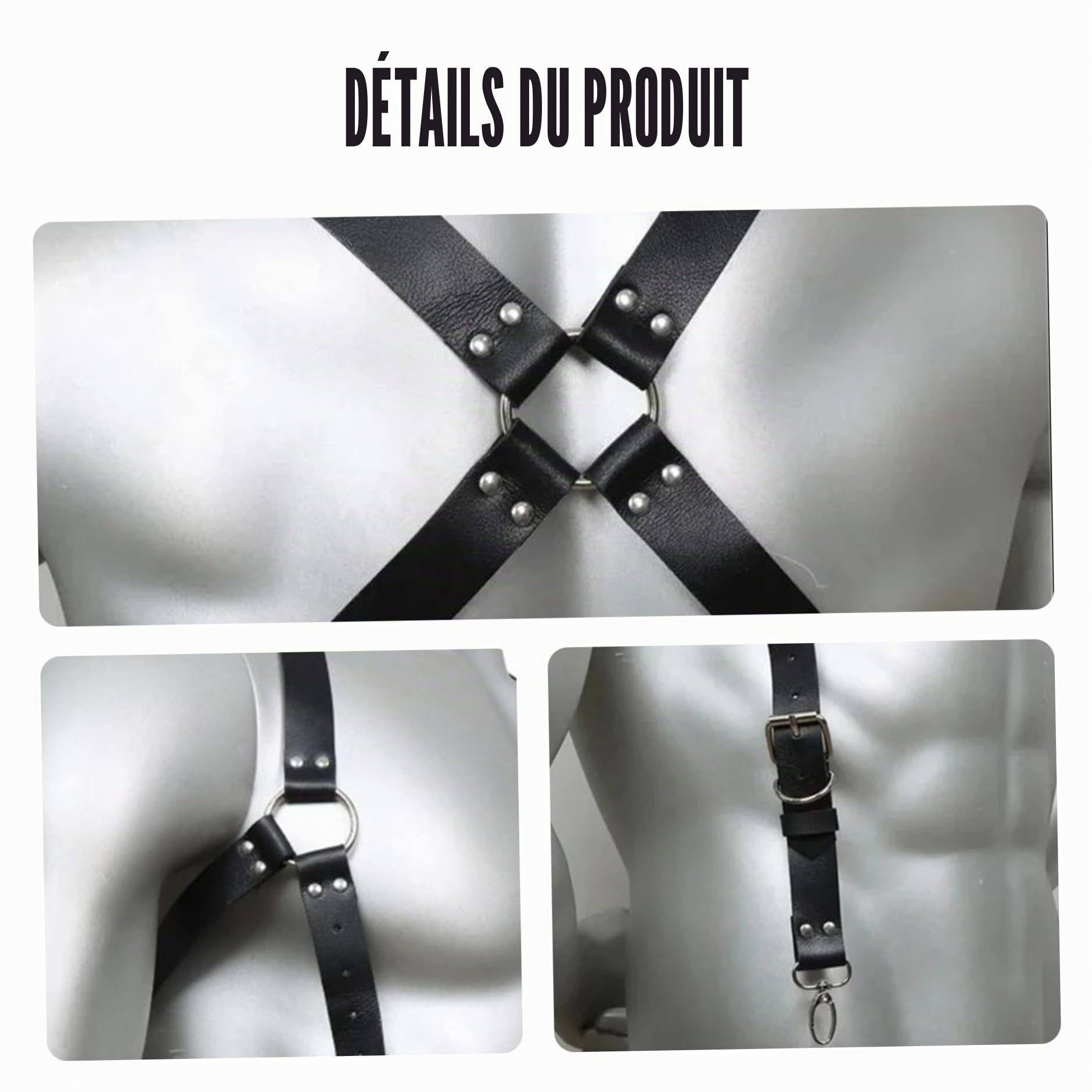 Harnais pour homme Harnais de poitrine sexy réglable Harnais en cuir PU noir avec clip Harnais de corps robuste pour chemise pour homme, performance en boîte de nuit et plus