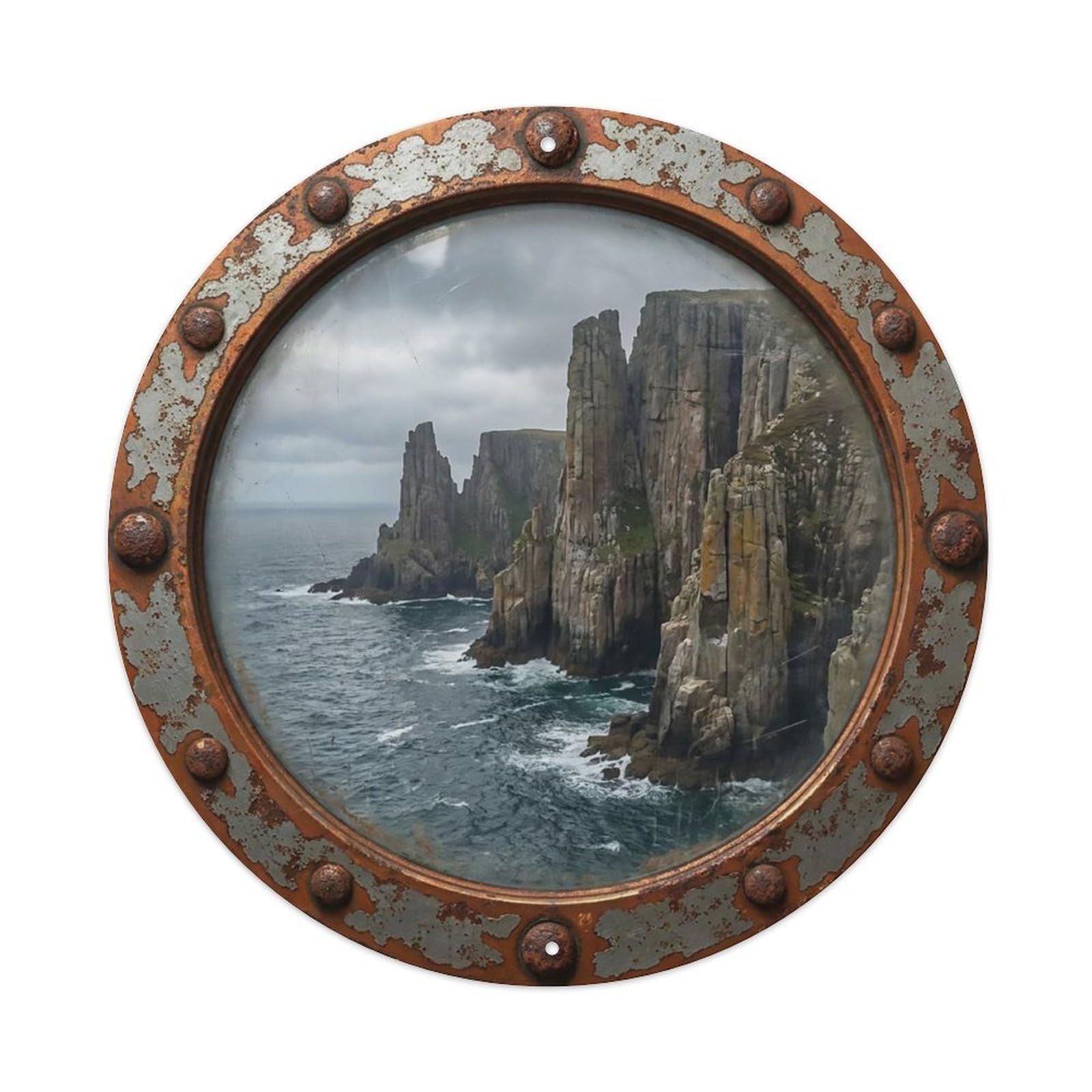 Vintage Porthole Towering Cliffs Nautical Window View Metal Tin Sign
