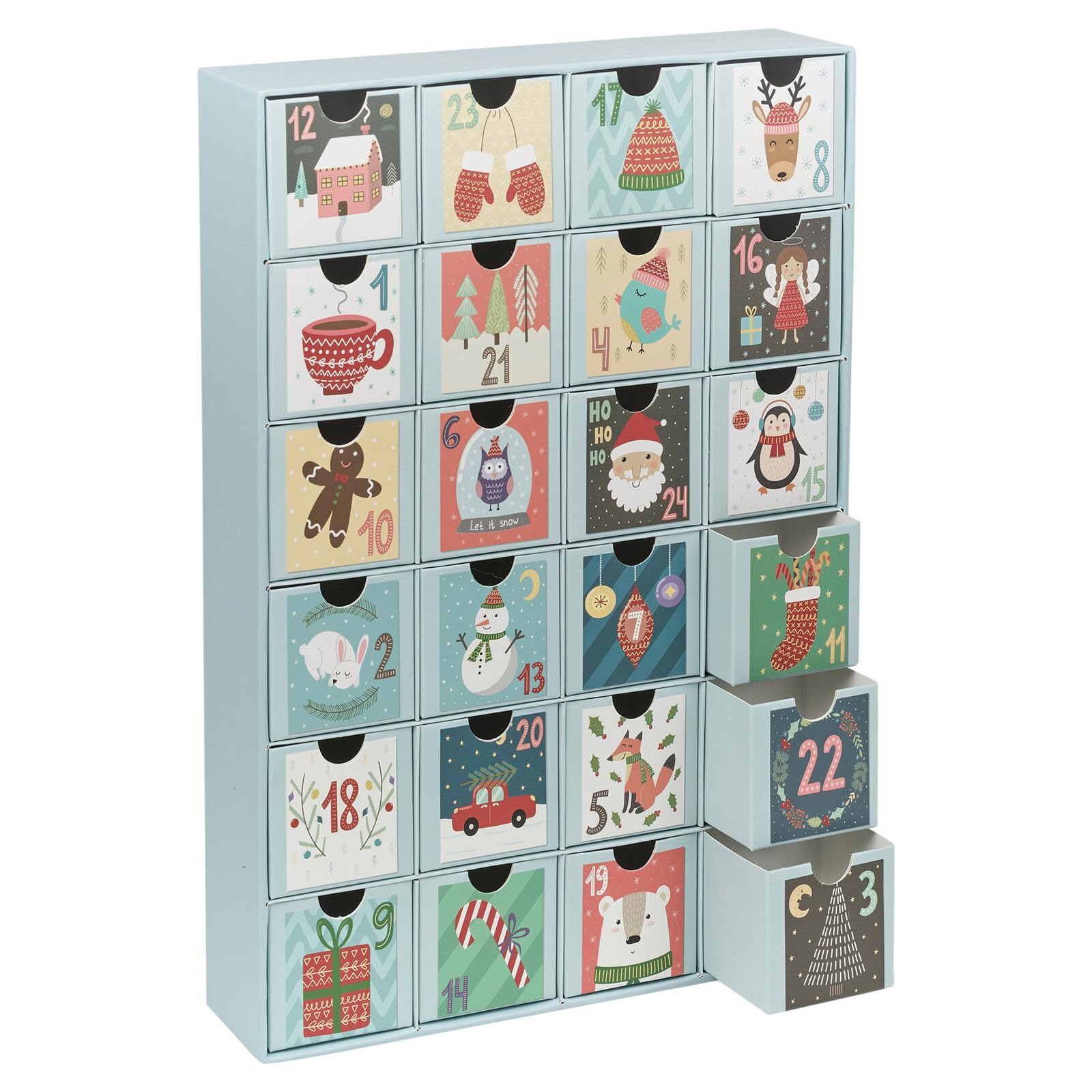 URBNLIVING 3D Christmas Advent Calendar with 24 Numbered Pull-Out Boxes – Festive Reusable Cardboard Countdown for Treats and Surprises - Light Blue Holiday Decor, Height: 38cm