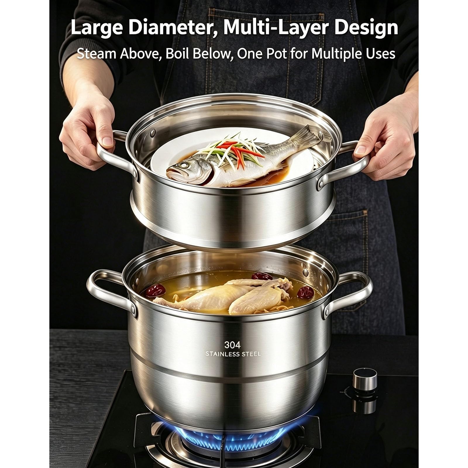 Stapelbarer mehrstöckiger Dampfgartopf aus Edelstahl | Kompatibel mit Induktions-Gasherden for das tägliche Kochen mit der Familie(32cm)