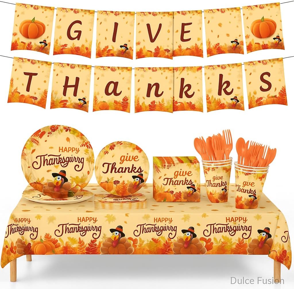 Thanksgiving Party Supplies Set 170pcs for 24 Guests – Plates, Cups, Napkins, Cutlery, Tablecloth, Straws & Bunting – Disposable Dinnerware for Fall, Friendsgiving & Holiday Parties