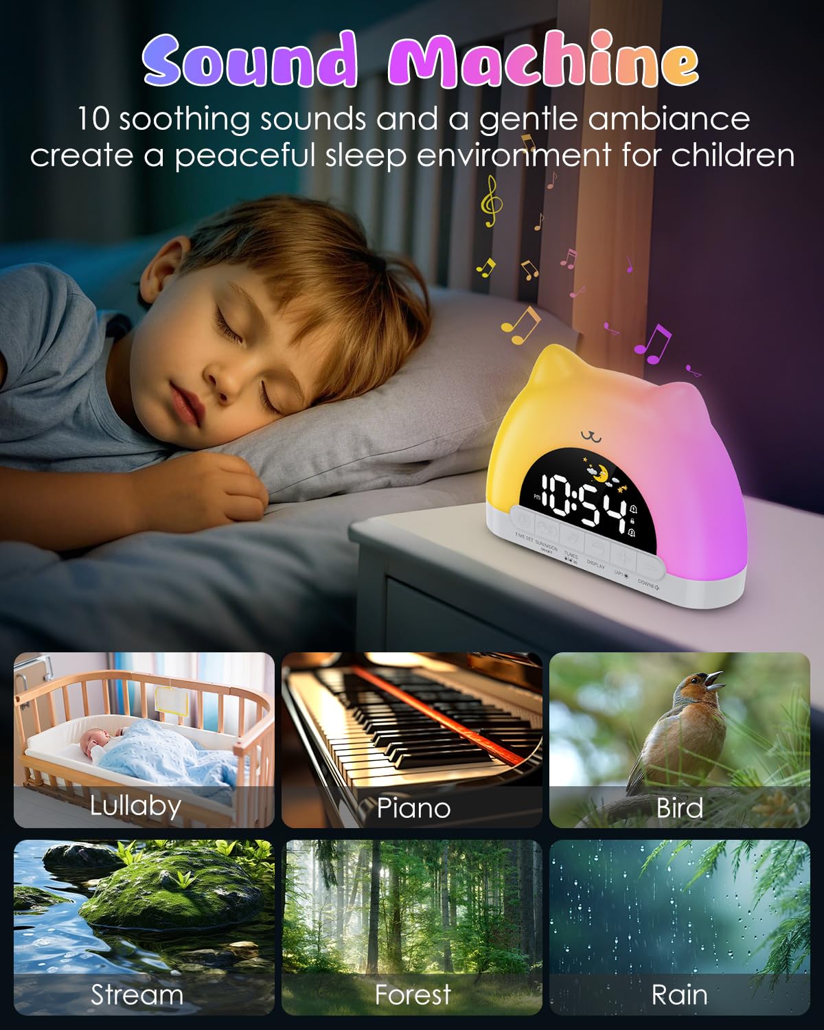 Reloj despertador para niños, reloj OK to Wake para niños, reloj de gato con luz nocturna de 11 colores, 10 sonidos relajantes, bloqueo infantil, alarmas duales, entrenamiento del sueño
