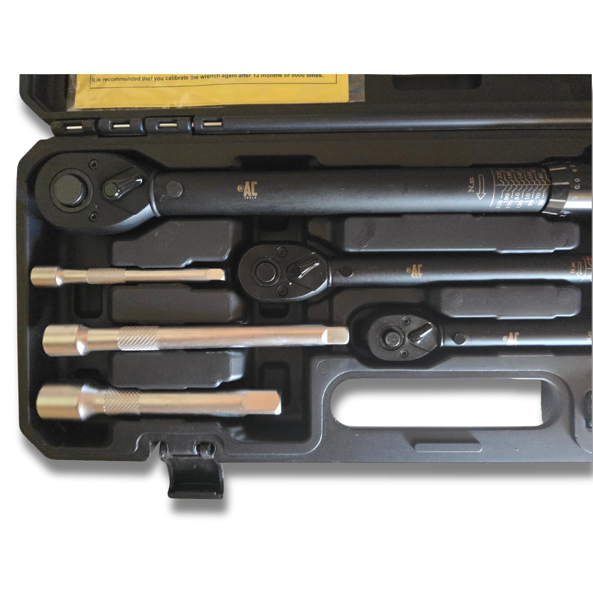 Juego llaves dinamométricas 9 piezas 1/4” 2-24Nm 3/8” 10-60Nm 1/2” 40-220Nm CR-V trinquete 72 dientes adaptadores, barras de extensión y rótula