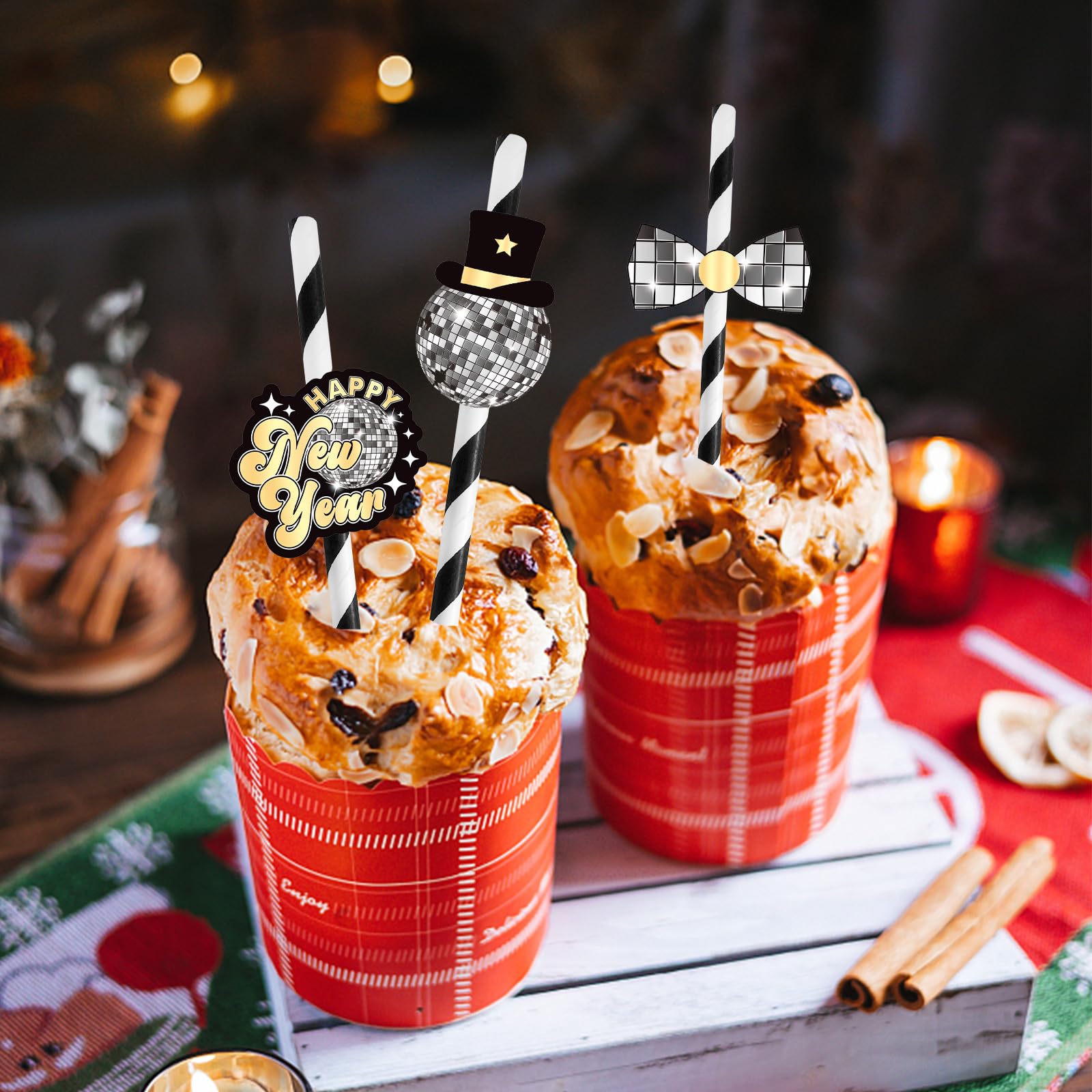 YQUQWN, 24Pcs Disco Ball Paper Straws for New Year Party Decorations