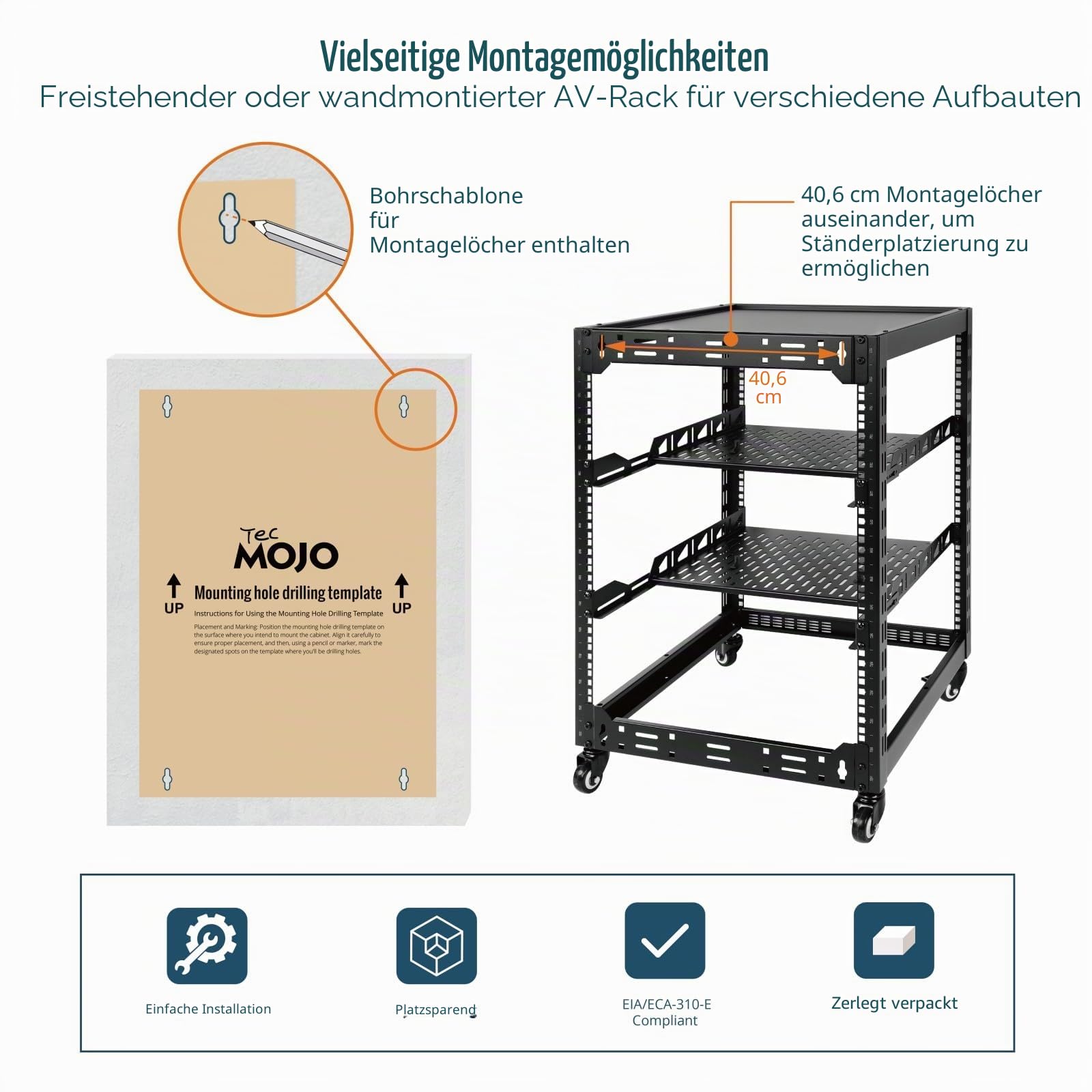 Tecmojo 16U Open Frame Netzwerk-Rack für Server und AV-Ausrüstung, mobiles Server-Rack mit 4 Pfosten mit Rollen, mit 2 Stück 1U-Regal und Montagematerial, AV-Rack für 48,3 cm Netzwerk-, Server- und