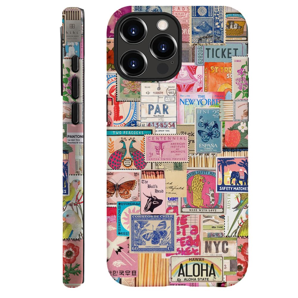 Generic Case Compatible with iPhone 13 Pro - Hybrid Durable Shockproof Phone Cover,Cases for Woman Girl - Vintage Stamp Collage Retro