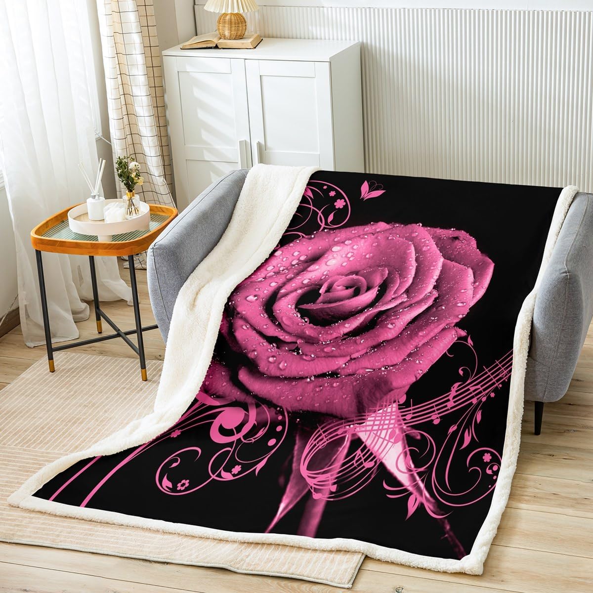 jejeloiu Blue Rose Floral Fleece Throw Blanket Throw 50"x60" Couple Valentine's Day Botanical Plush Blanket for Bed Sofa Girls Women Lover Music Blossom Flowers Sherpa Blanket Romantic Fuzzy Blanket