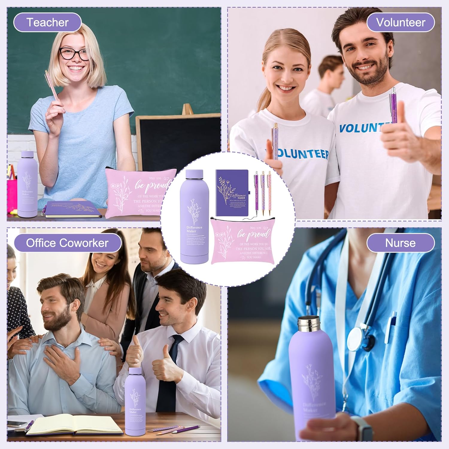 6 Pcs Difference Maker Employee Appreciation Gift Thank You Gifts Set 17 oz Stainless Steel Water Bottle Makeup Bag Leather Notebook Pen for Coworkers Teachers Christmas Gift Women(Purple) - Image 7