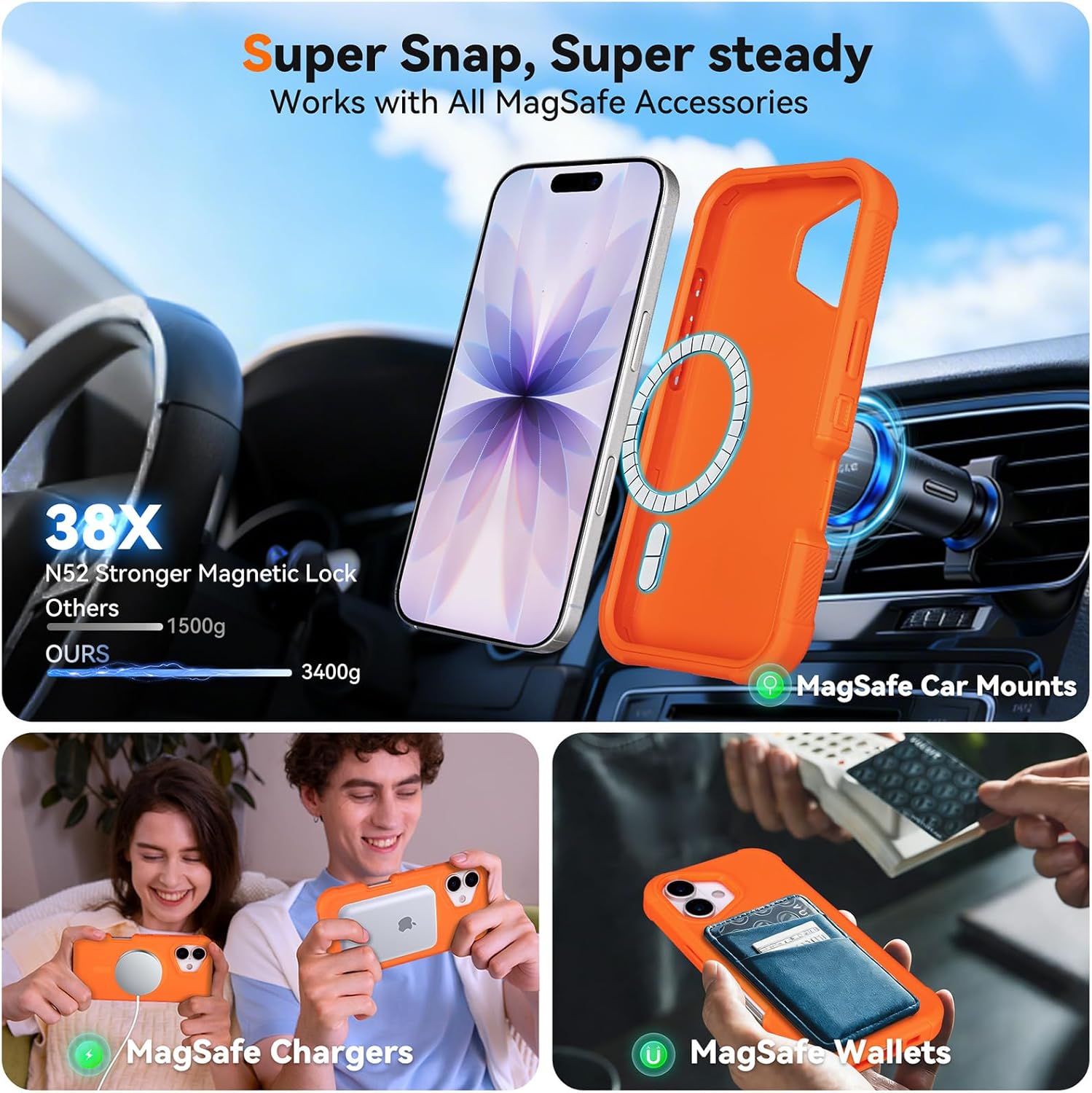 for iPhone 17 Case with Belt Clip, Compatible with Magsafe, Anti-Drop, Anti-Fingerprint, 3 in 1 Heavy Duty Shockproof Protection for iPhone 17 Case Rugged with Kickstand, Orange