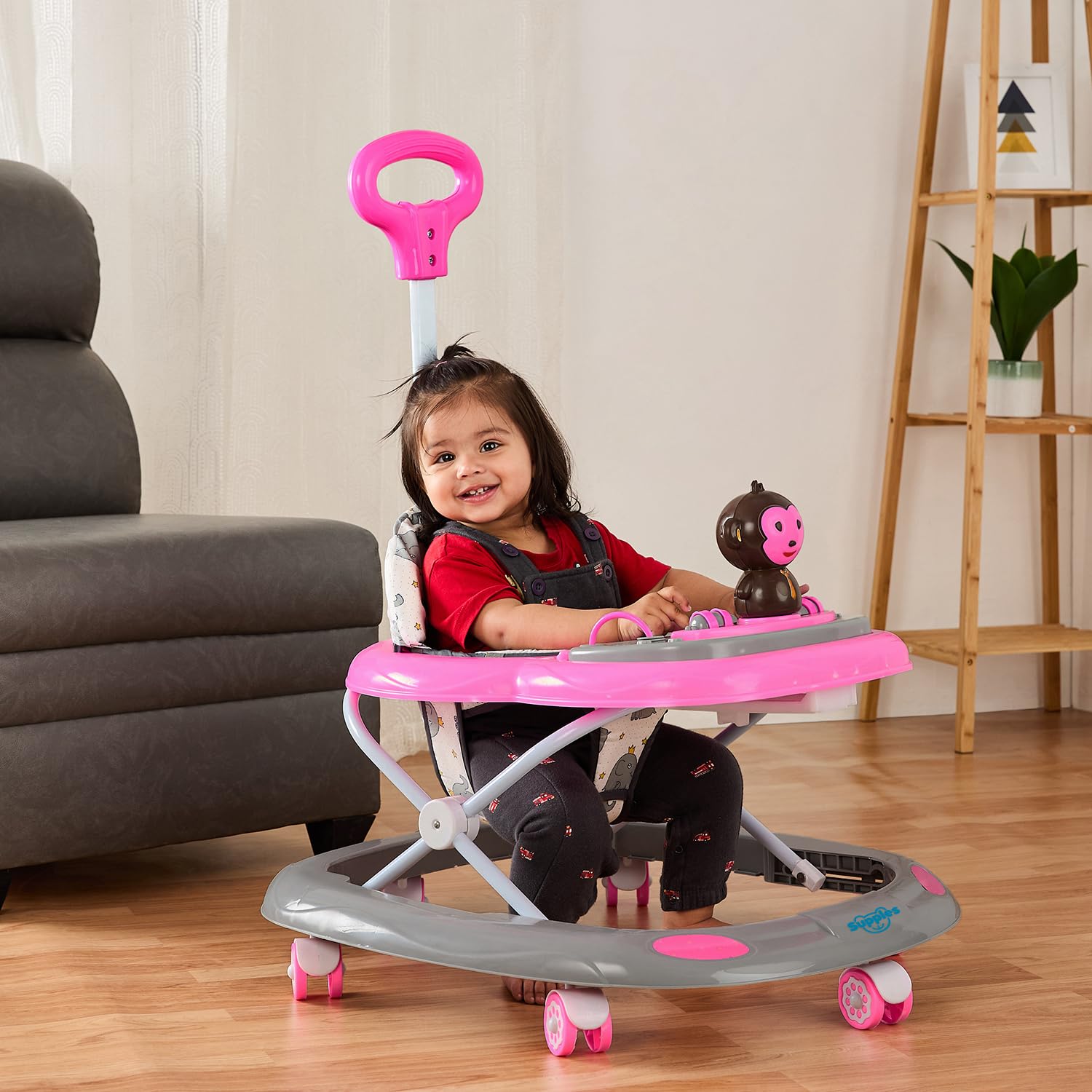 Amazon Brand - Supples Baby Activity Walker with Parental Handle | BIS Certified | 3-Level Height Adjustment, Convertible Toy & Food Tray, Music, 360° Rotating Wheels | for 9+ Months | Grey & Pink