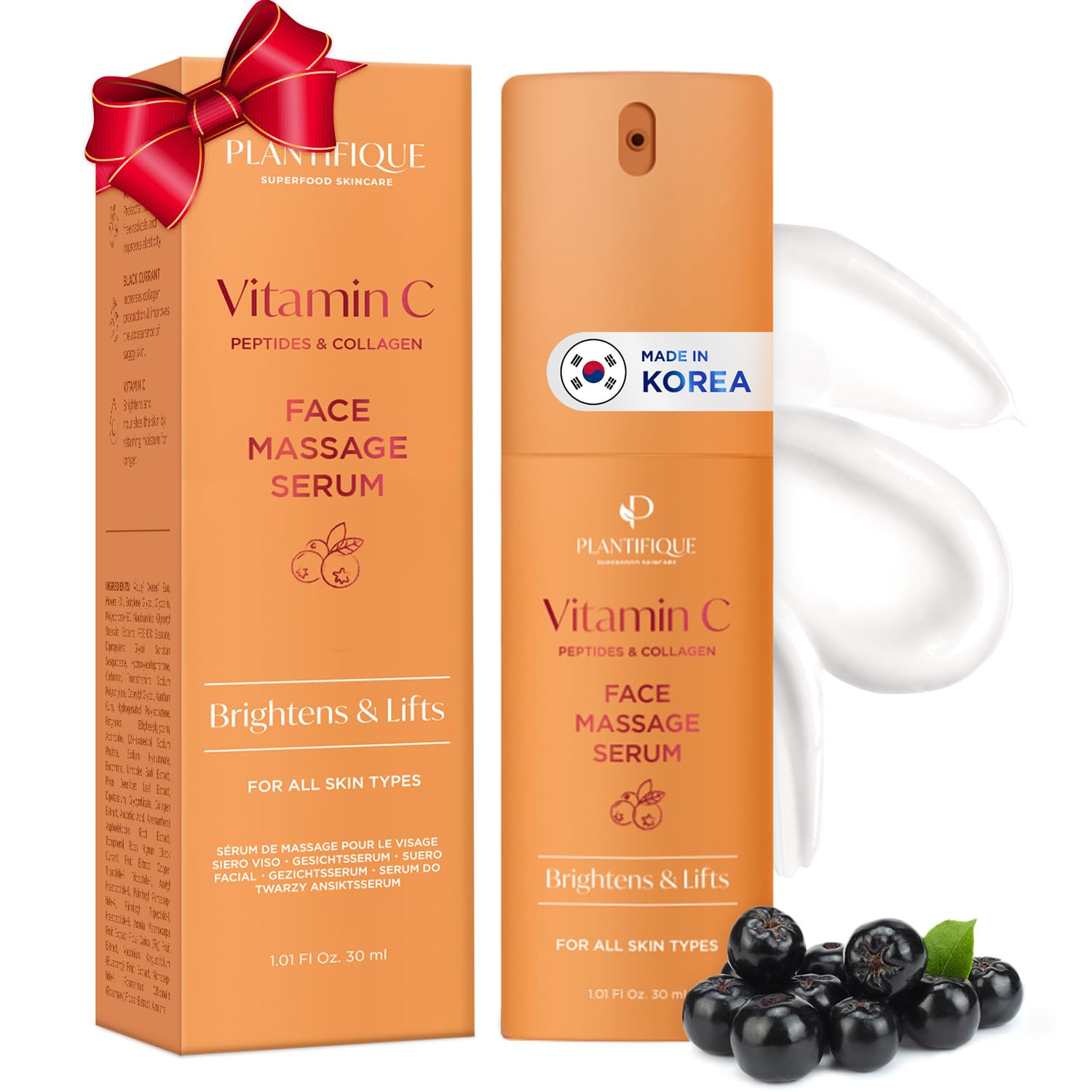 PLANTIFIQUE Korean Vitamin C Face Massage Serum – Hydrating Anti-Aging Collagen & Peptides Formula – Perfect for Gua Sha Facial Massage & Even Skin Tone Glow