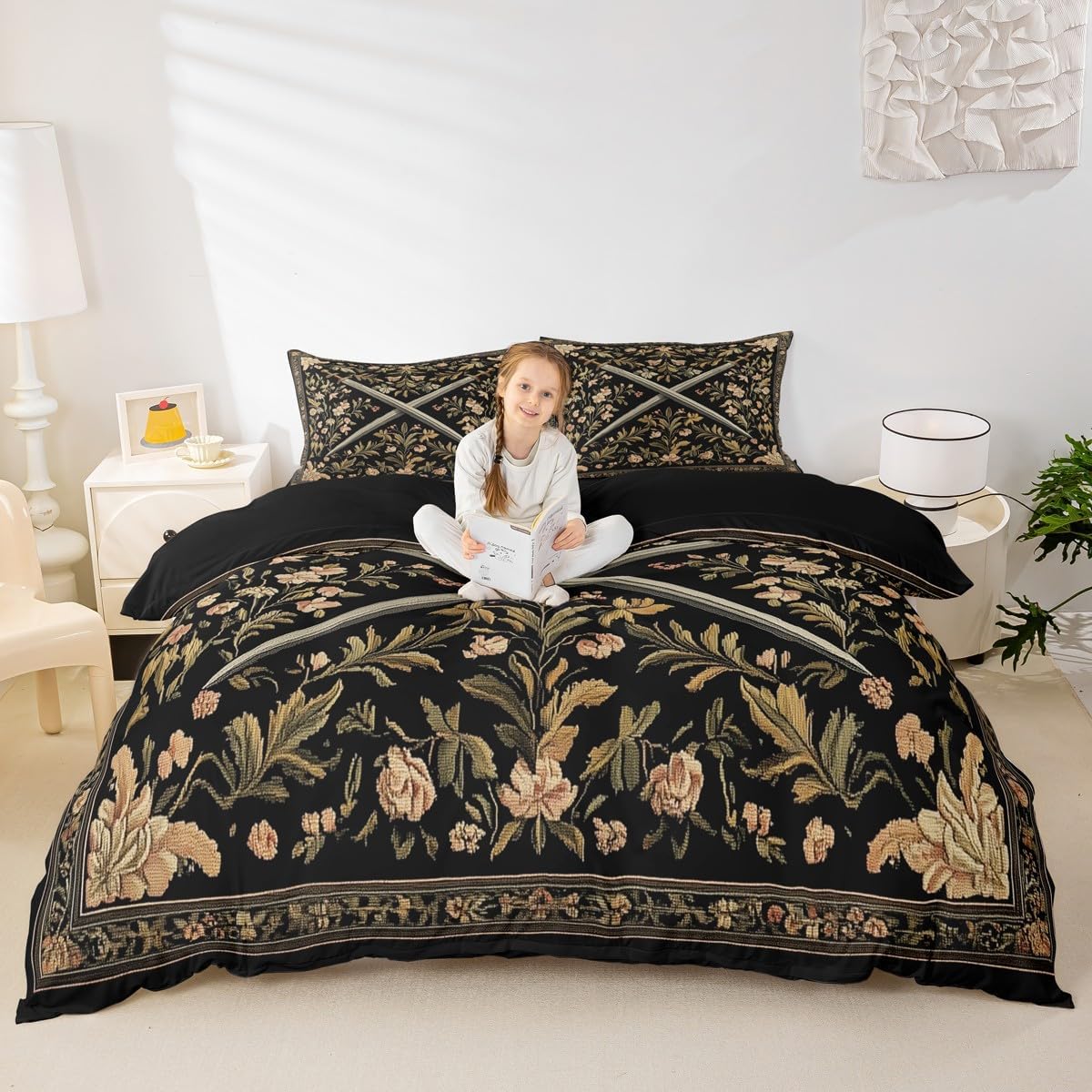 Medieval Style Swords Comforter Cover for Kids Boys Girls Country Rustic Flowers Duvet Cover Set Knight Theme Sword Bedding Set Black Yellow Quilt Covers King Size with 2 Pillowcases(No Comforter)