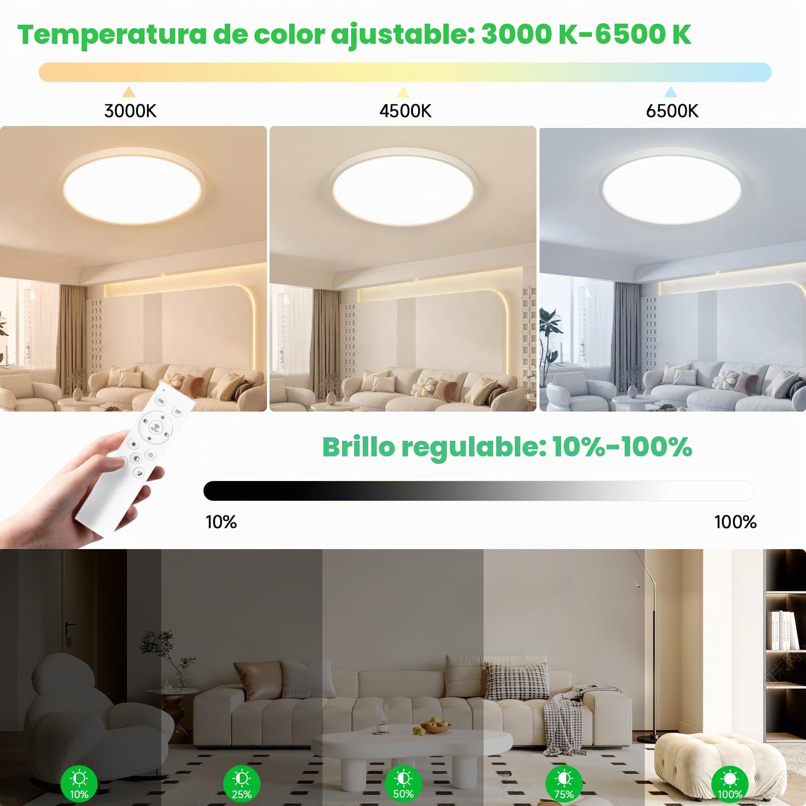 OTREN Plafon LED Techo Regulable 52W 50CM con Mando, Modo Nocturno y Memoria, 3000K–6500K, IP44 Impermeable Lámpara de Techo para Dormitorio, Salón, Cocina y Baño