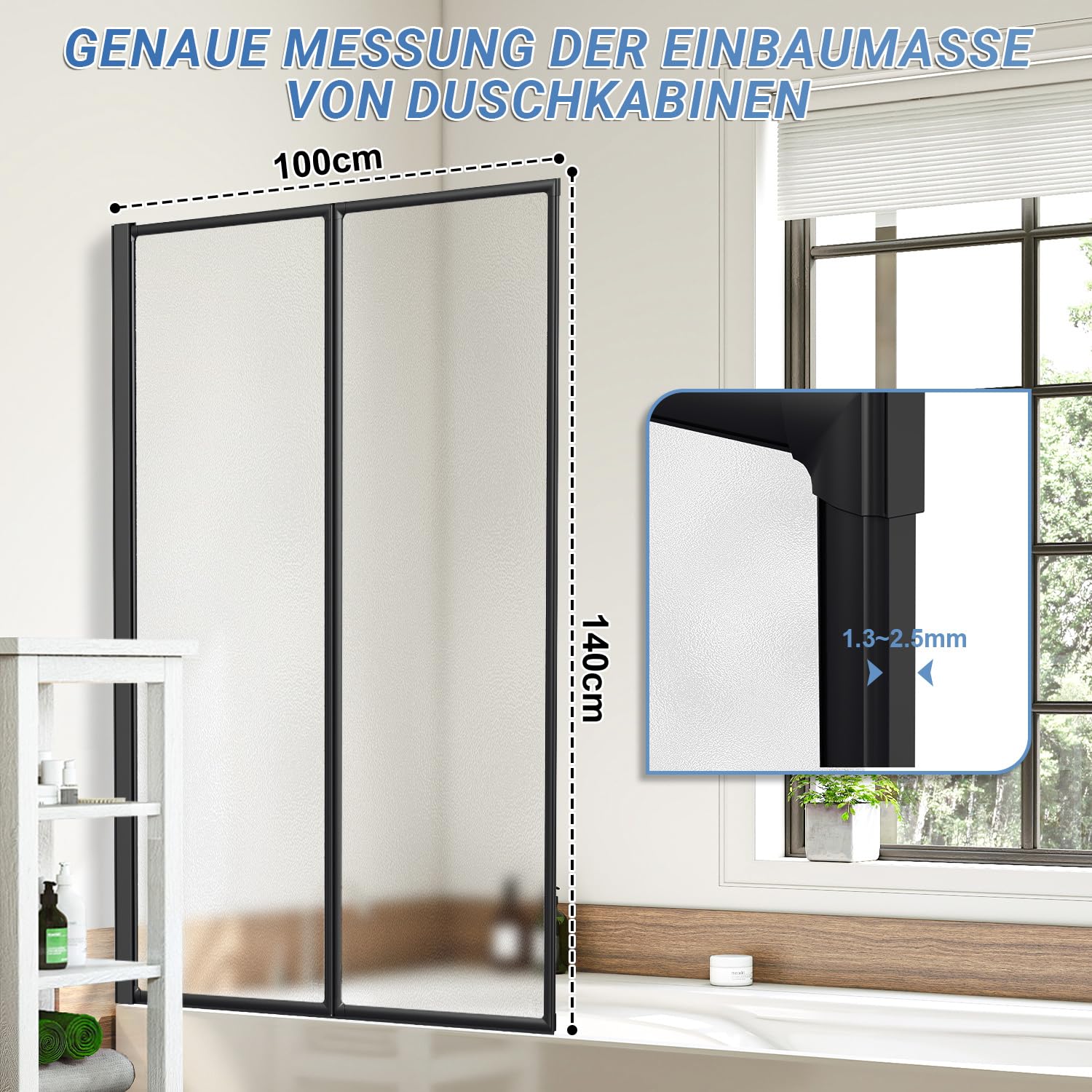 Parete doccia per vasca da bagno, 100 x 140 cm, 2 pezzi, pieghevole | telaio nero, pannello in plastica opaca, per bagno, vasca da bagno, paraspruzzi, decorativo, infrangibile