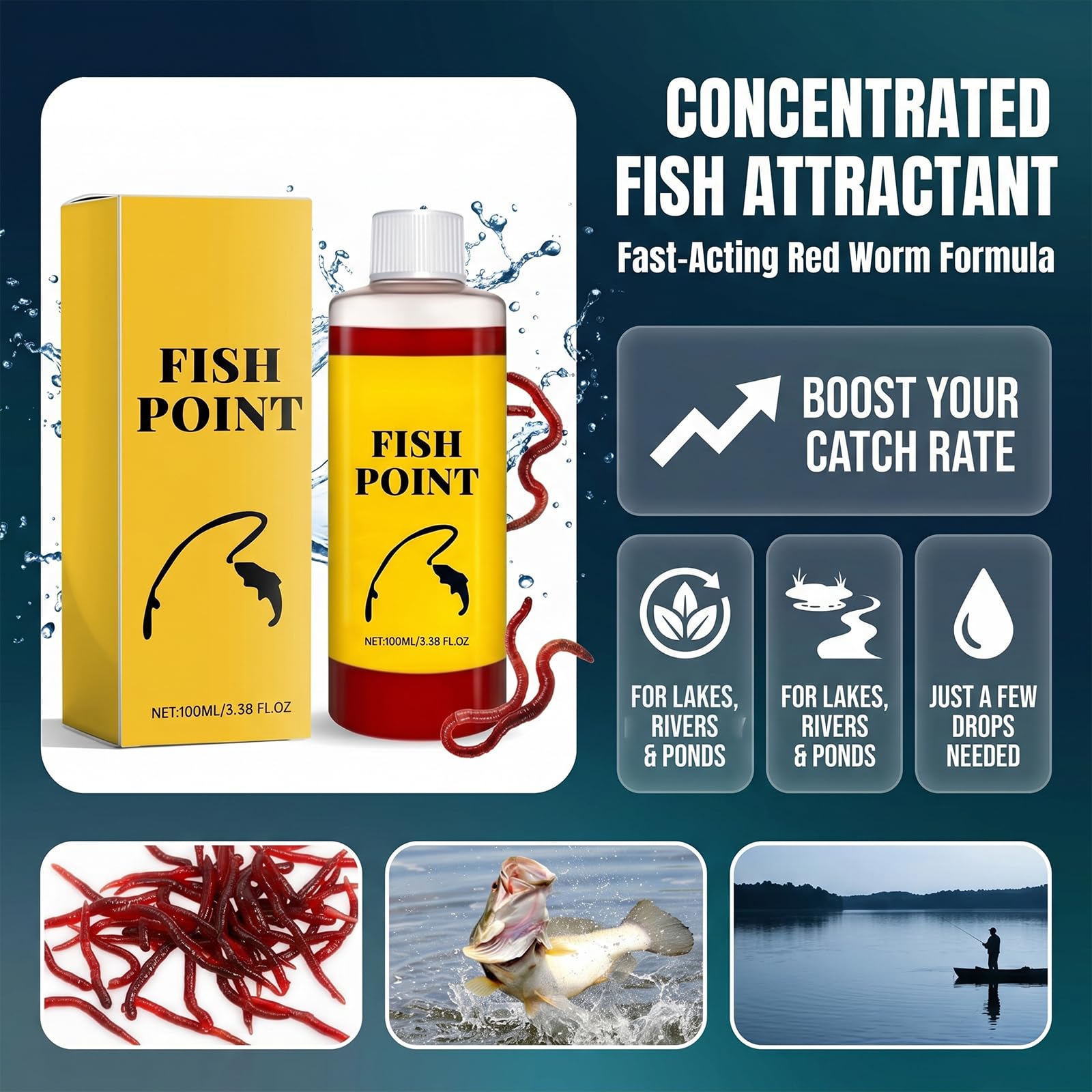 Fish Point Liquid, Concentrated Fish Attractant Spray, Fast-Acting Red Worm Formula, Supports Better Bite Response for Freshwater Fishing, 100ml
