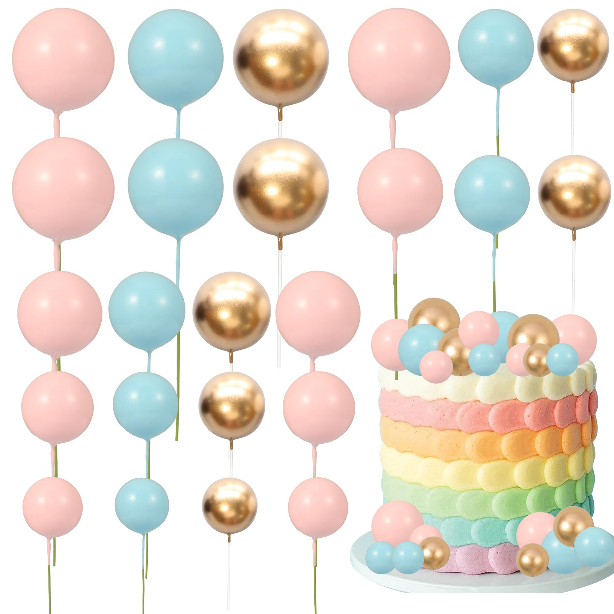 Gyufise 30Pcs Colorful Ball Cake Topper Mini Balloon Cupcake Topper DIY Foam Ball Gold Pink Blue Cake Insert Decoration for Wedding Anniversary Baby