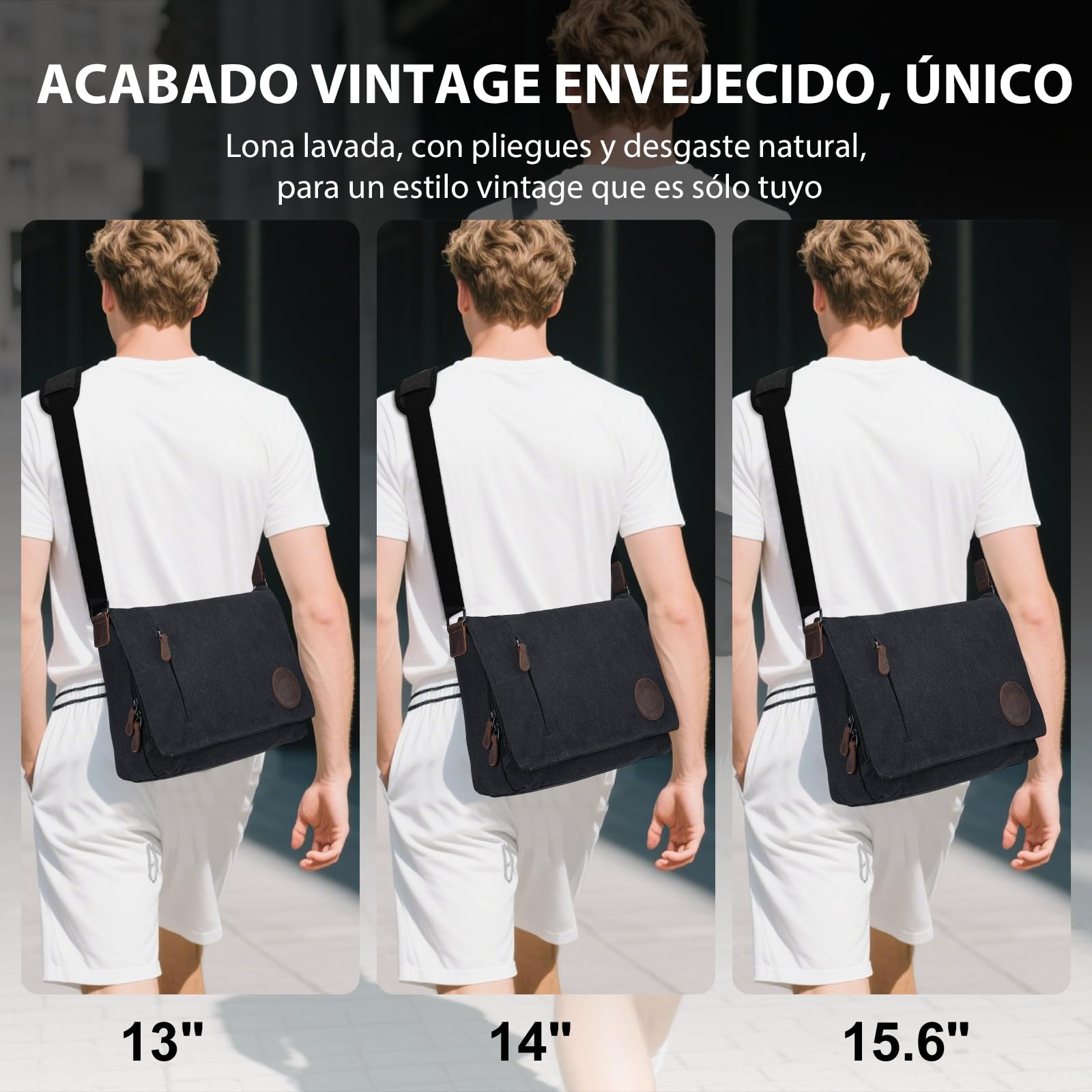 Leathario Bolso Bandolera de Lona y Piel para Hombre, Bolso de Hombro Tela para Uso Diario, Bolso Mensajero para Ocasiones como Viajes, Ferias, Compras, Trabajo y Universidad