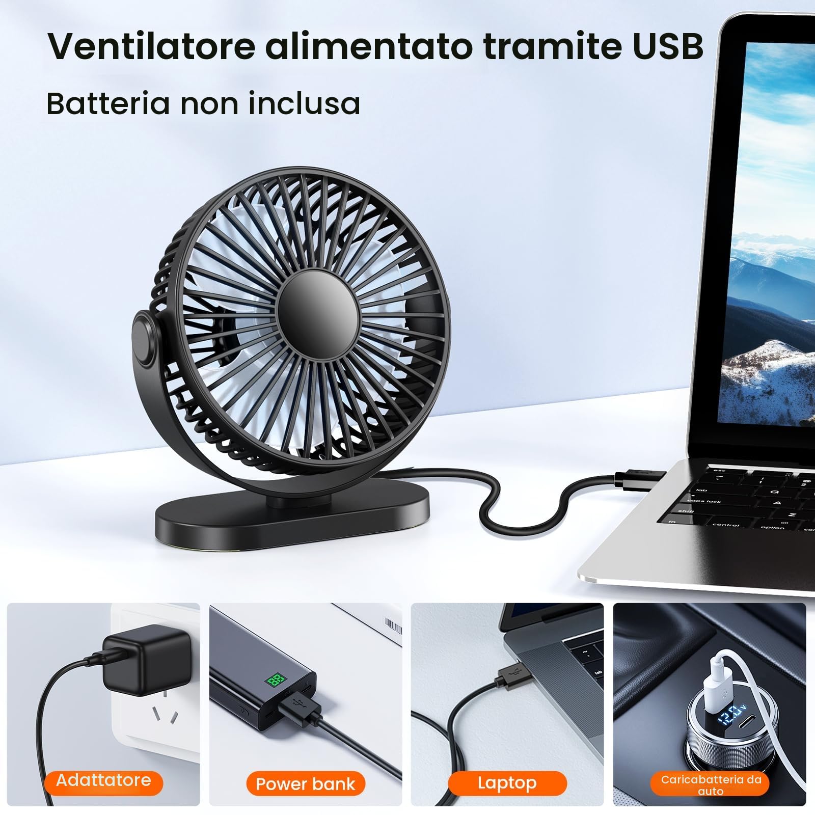 Ventilatore da Tavolo, 3 Velocità Ventilatore da Scrivania USB A con Gancio, 2.5W 360°Girevole Ventilatore Silenzioso, Mini Ventilatore Portatile per Ufficio, Cucina, Casa, Comodino, PC, Scrivania