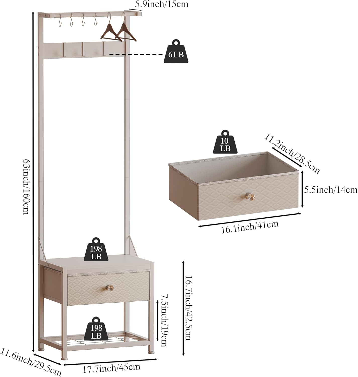 LUMTOK Hall Tree with Shoes Bench, Small Coat Rack with Fabirc Drawer and Shelf for Bedroom, 4-in-1 Entryway Organizer with Shoes Stool for Living Room, Entryway, Closets (Rustic Brown) (White, Small)