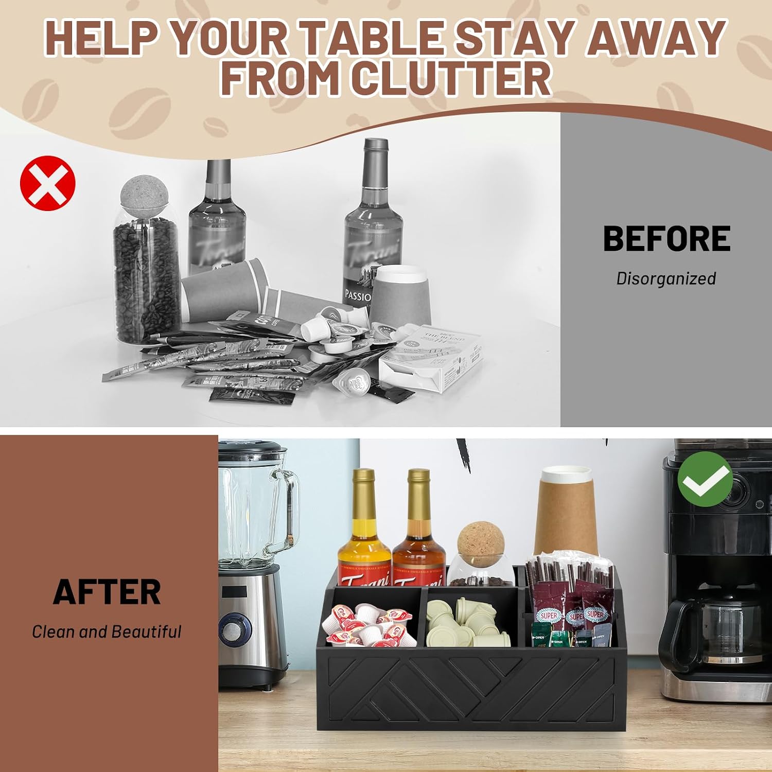 Coffee Station Organizer for Countertop, Wood Coffee Bar Organizer for Accessories, Coffee Pod Syrup Condiment Holder for Condiment, Farmhouse Tea and Condiment Holder for Decor Accessories