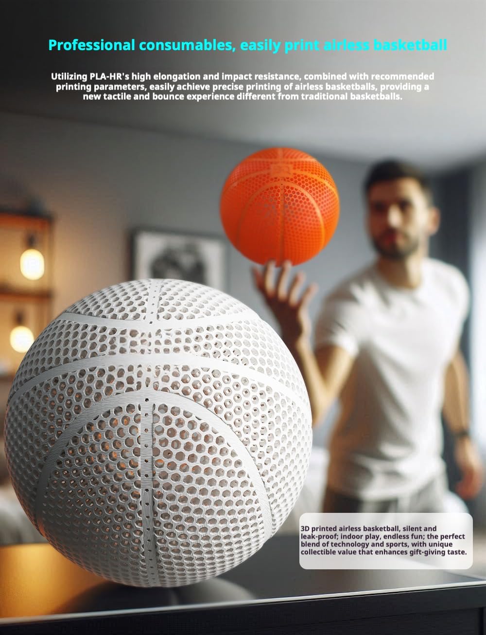 Airless Basketball 3D Printed Silent Basketball Indoor Outdoor Durable Performance Quiet Basketballs Gift for Friends (Black, 7#)