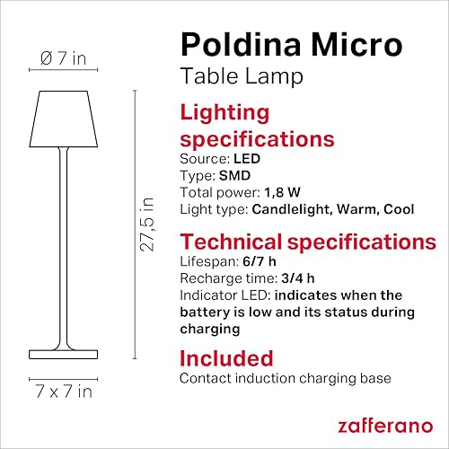 Miniatura 4 de Zafferano, Poldina Micro lámpara, lámpara de mesa recargable inalámbrica con controles táctiles, adecuada para interiores y exteriores, atenuador,