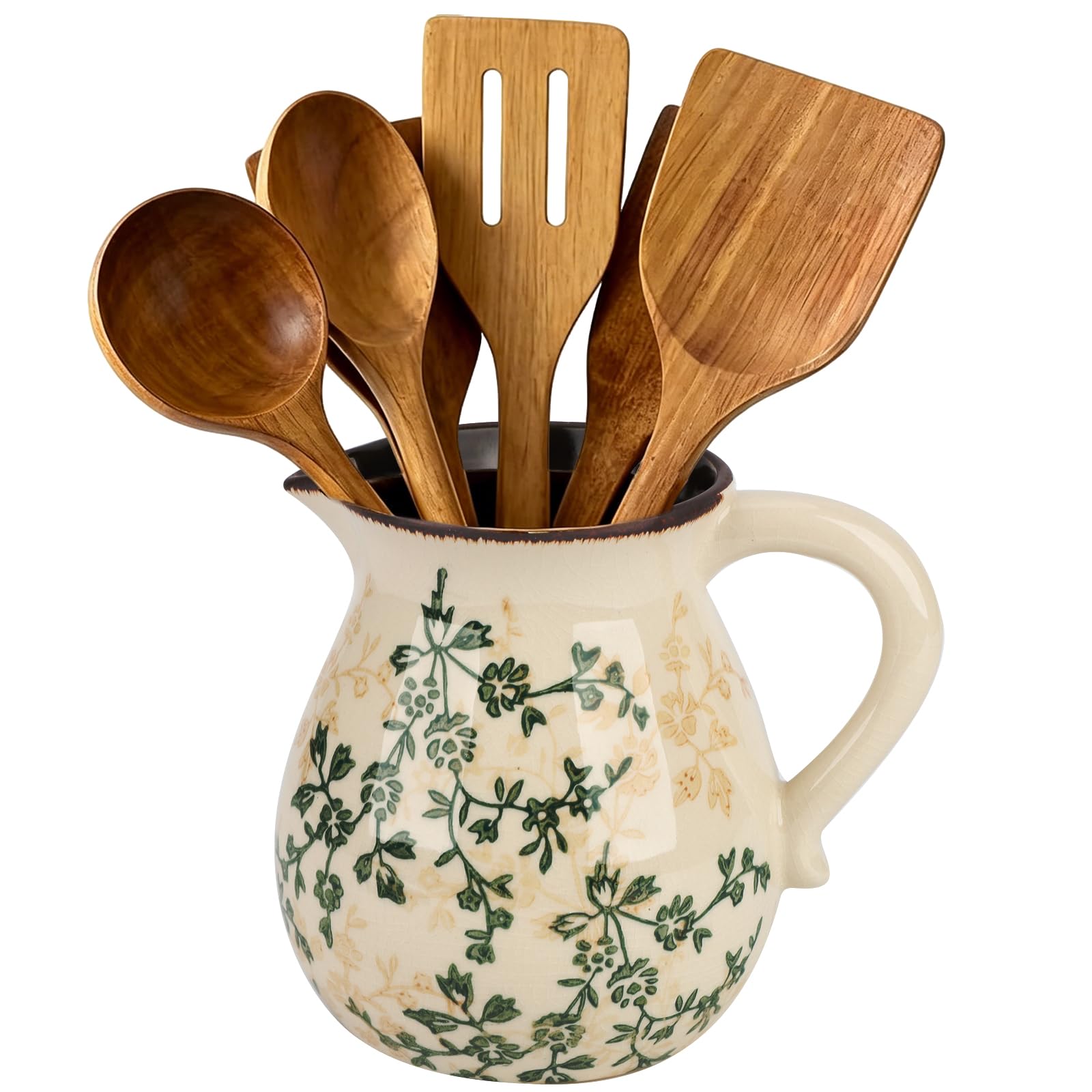 Qivine Vintage Green Brown Ceramic Utensil Holder, Utensil Crock For Kitchen Counter, Ceramic Crock For Kitchen Utensils,