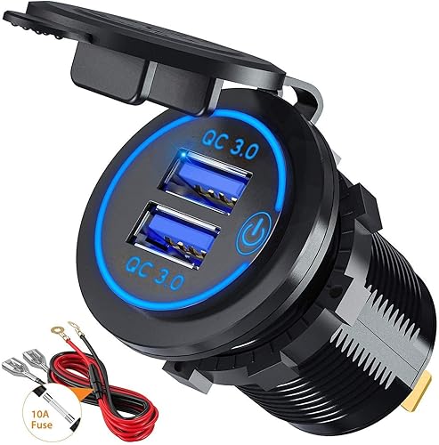 Carga rápida 3.0 Dual USB Cargador de Coche Enchufe con Interruptor Táctil 12V/24V 36W QC3.0 Dual USB Cargador Rápido Toma de corriente para Marina,