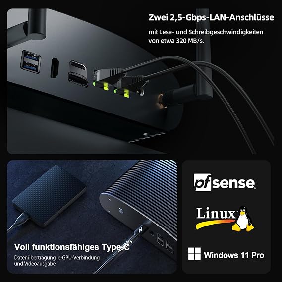 Industrial Fanless Mini PC i5 1235U (10C/12T up to 4.4GHz) 16GB RAM 512GB SSD 100% Silent Type-C Mini Computer with Wi-Fi 5/BT 5/2x 2.5G NIC/4 Display/Office Work 24/7