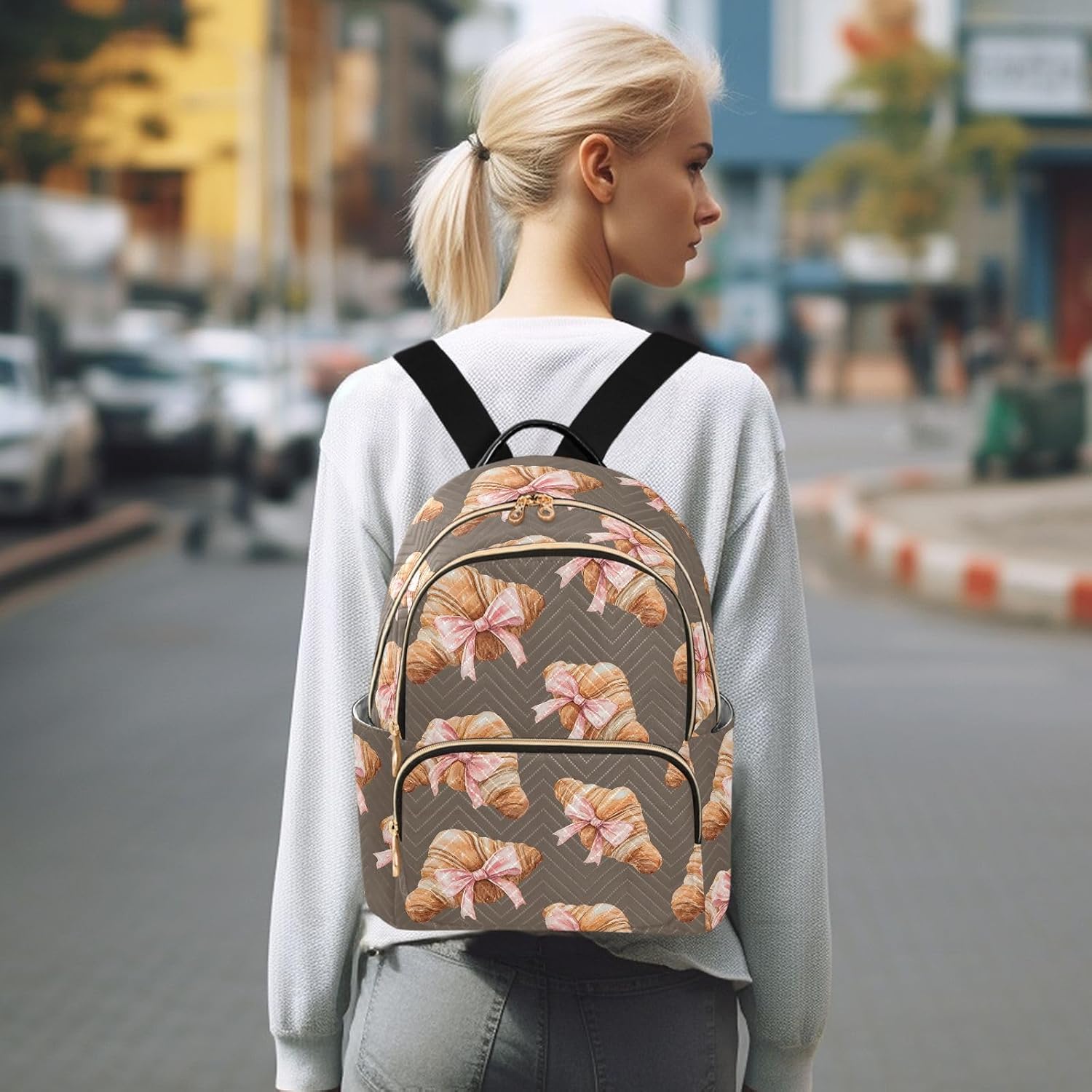 Bow Bread on Brown Backpack Purse for Women Shoulder Bag Fashion Daypack Ladies Handbag Lightweight Travel Bag Rucksack