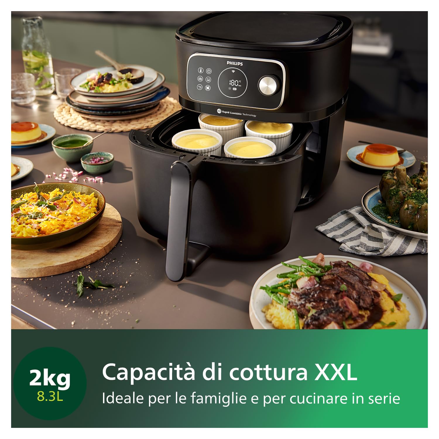 Philips Airfryer Combi 7000 Series XXL - 8,3L (2kg), Airfryer 22-in-1, connessa al WiFi, con il 99% di grassi in meno** e Rapid CombiAir, App HomeID, Bianco (HD9876/20)