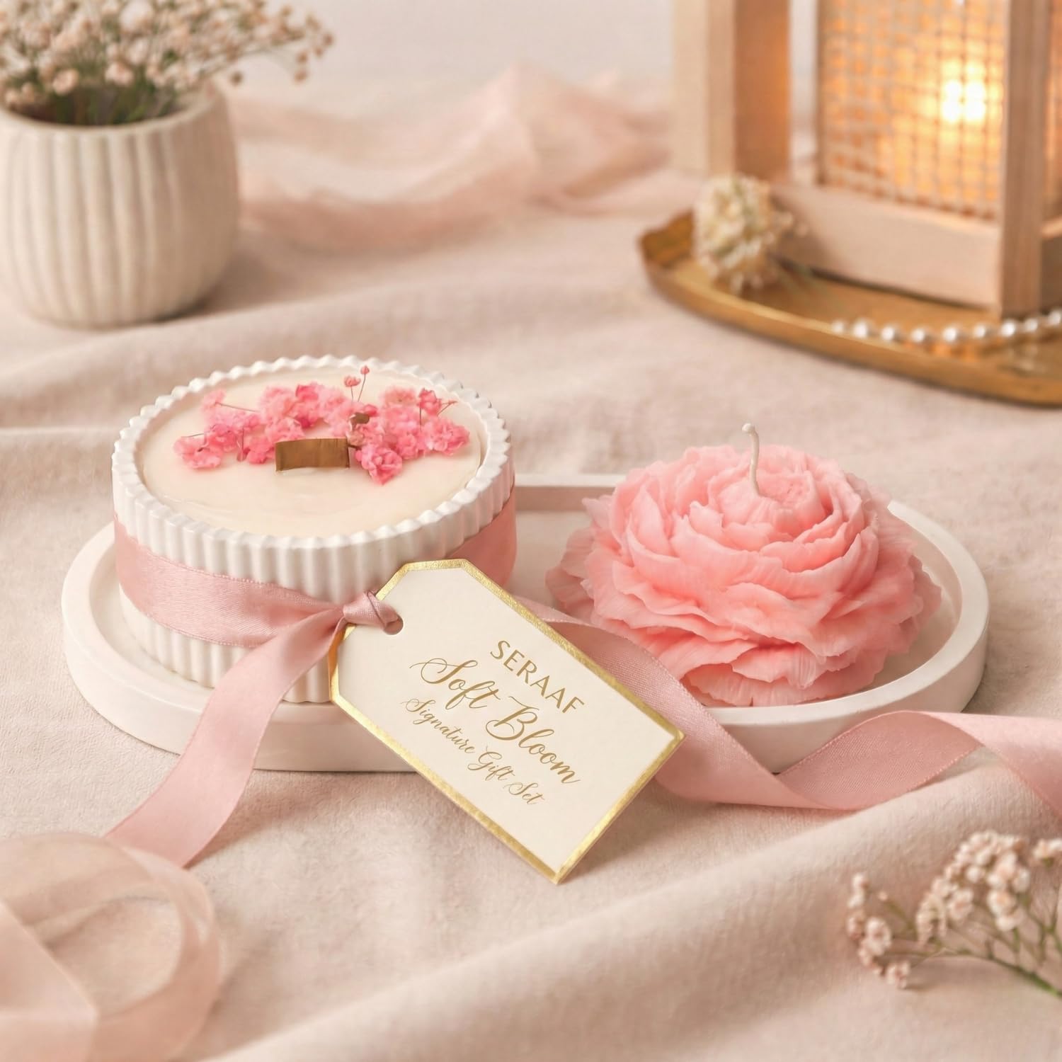 Soft Bloom Scented Candle Gift Set with Tray, Jar & Peony Flower, Bubblegum Fragrance, 100% Soy Wax, Candles for Decoration, Aesthetic Gifts for Wife, Valentine Gift for Girlfriend-image-9