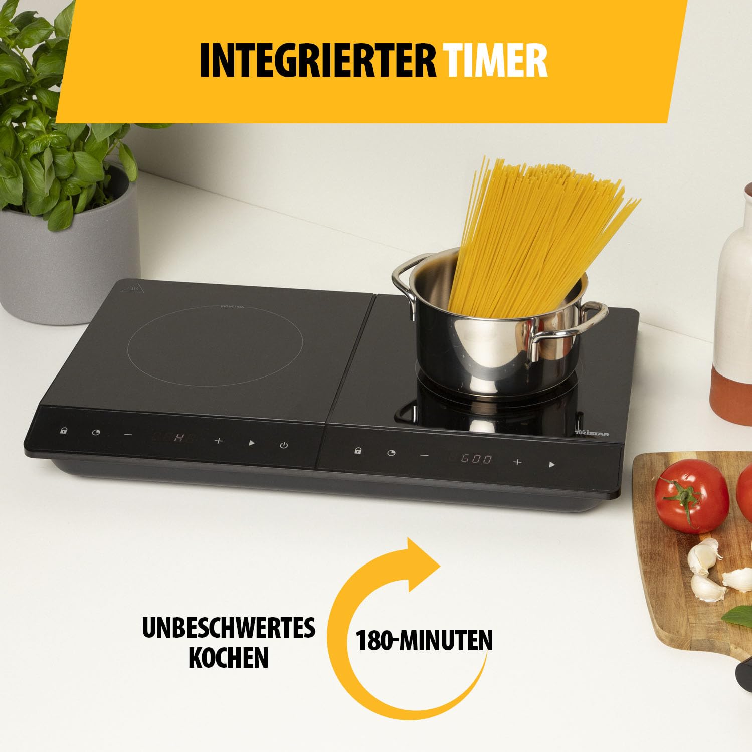 Tristar Doppel-Induktionskochplatte, ⌀19 cm Kochfeld, 10 Leistungsstufen, 3500 W, energieeffizient, integrierter Timer, mit Überhitzungsschutz, IK-6162