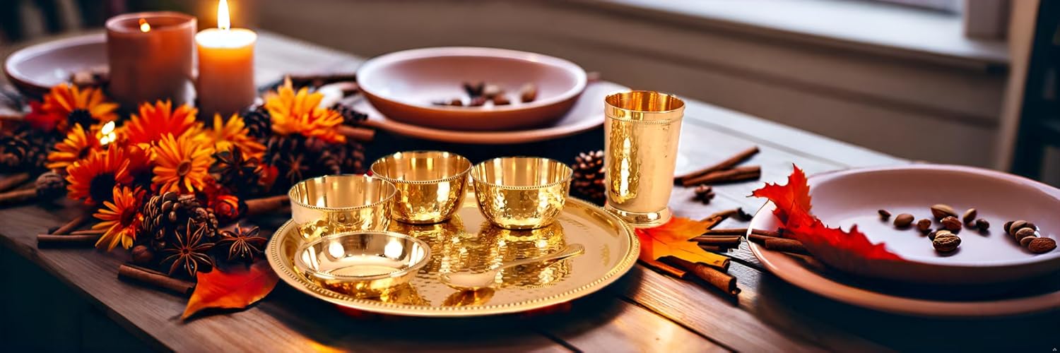 Indian dinnerware brass traditional dinner set of thali plate, bowls, glass and spoon beautifully handcrafted tableware for gift (Dinnerware-Set04)