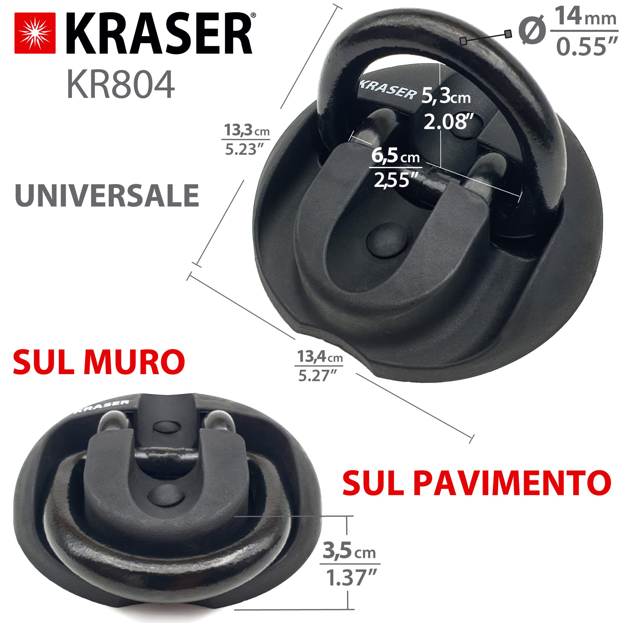 KRASER KR804 Ancoraggio Antifurto Moto Scooter Sicurezza Bicicletta Fissazione a Pavimento o a Parete, Anello Inclinabile Pieghevole, Fissaggio per Tasselli Antitrapano