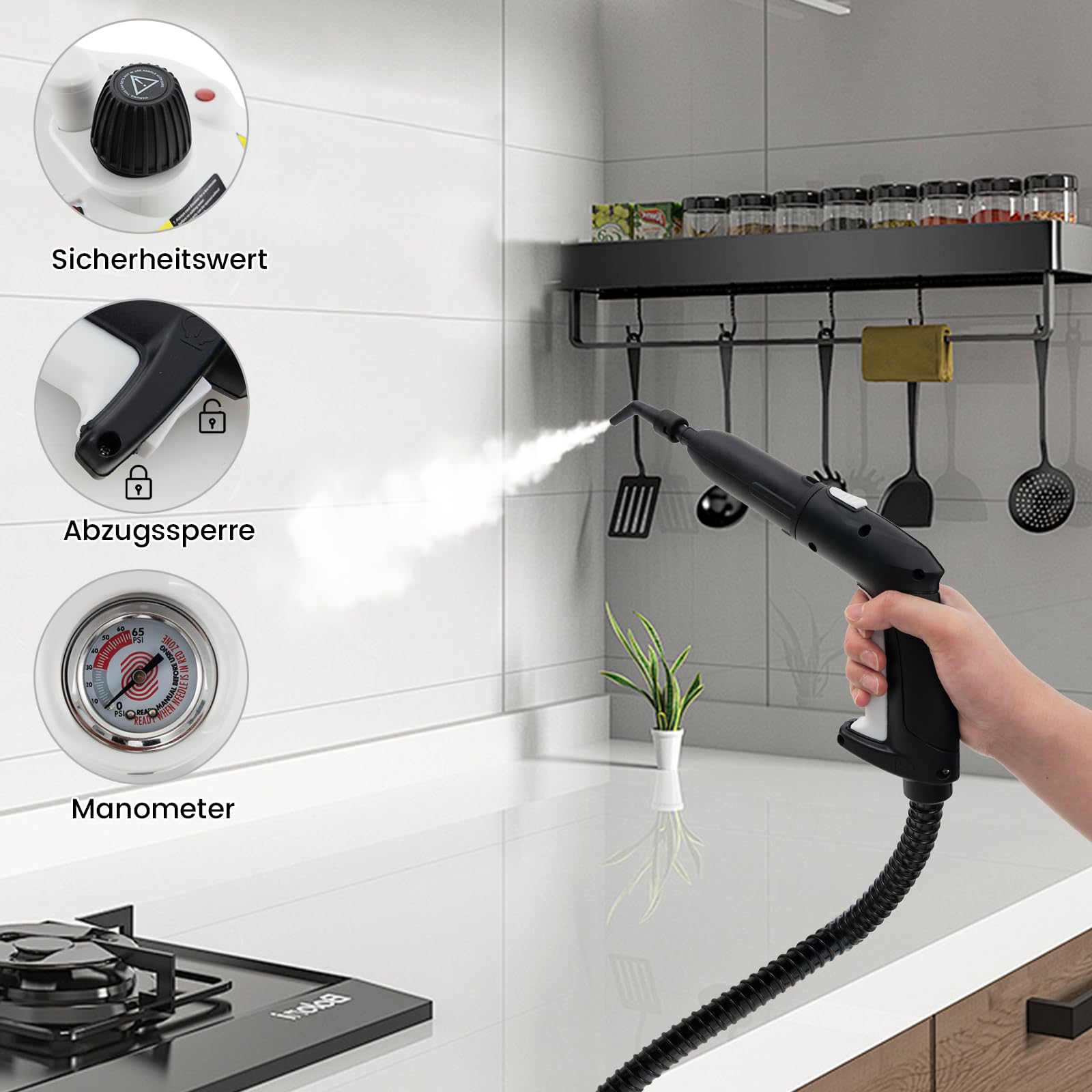 RELAX4LIFE Dampfreiniger 2000W, Dampfdruck: 5 bar, Flächenleistung: 108 m², Tank: 1,8 L, Aufheizzeit: 8 min., mit 22 Zubehörteilen, Dampfsauger für Teppiche, Böden, Fliesen, Fenster, Polster (Weiß)