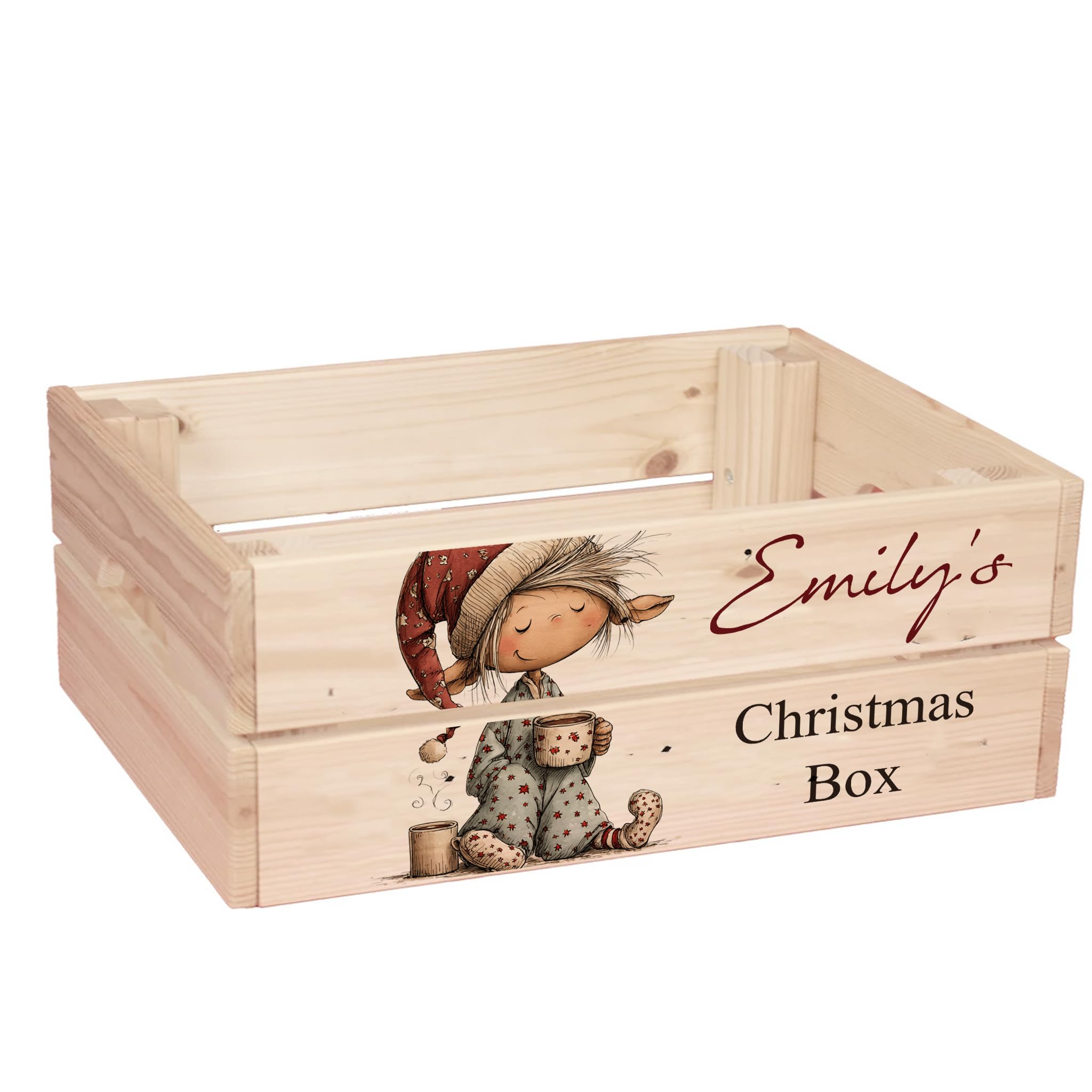 ukgiftstoreonline Personalised Christmas Eve Box with Santa, Trees, Reindeer, Snowman Designs, Wooden Storage Crate, 30.5 x 25 x 12 cm, Holiday Presentation Box with Side Handles (ELF-5) โ image 1