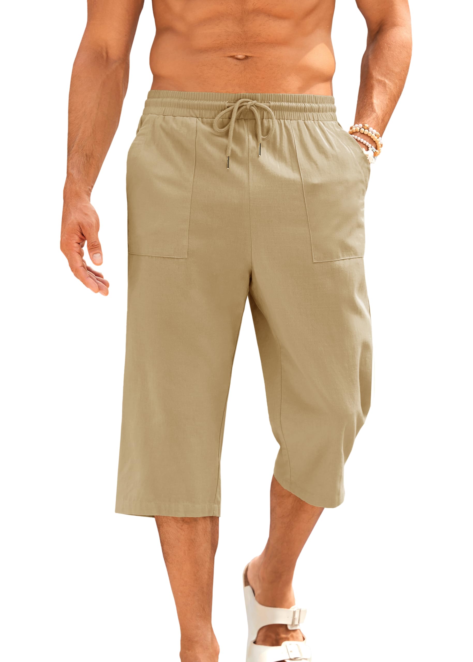 Mens Cotton Linen Yoga Pants Elastic Drawstring Casual 3/4 Capri Shorts with Pockets