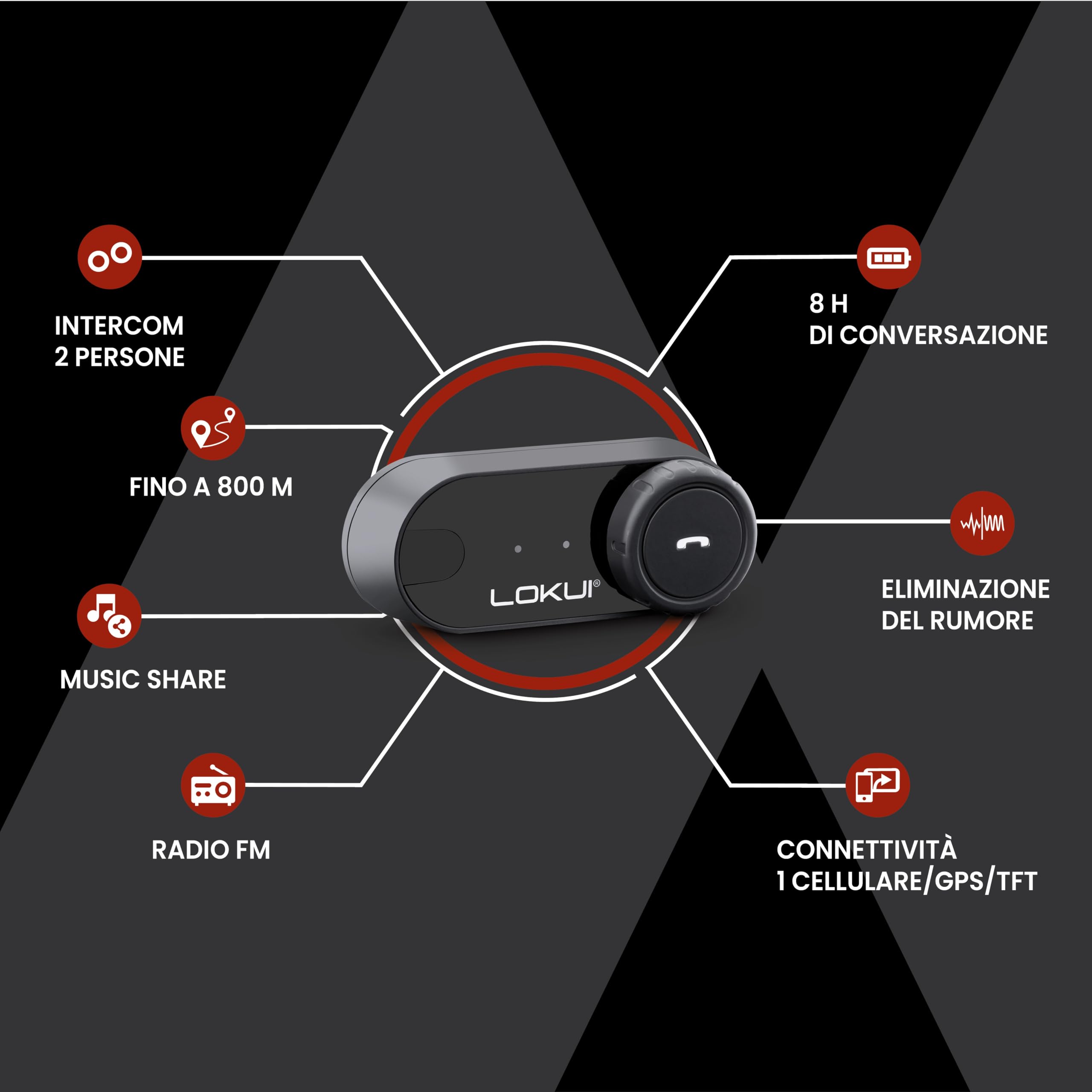 Midland - Interfono Moto Bluetooth Coppia Lokui K30, Auricolari Casco Moto Universali e Impermeabili, Portata 800m per 2 Persone, Batteria 10H, Cancellazione Rumore DSP, Altoparlanti Hi-Fi e Microfoni