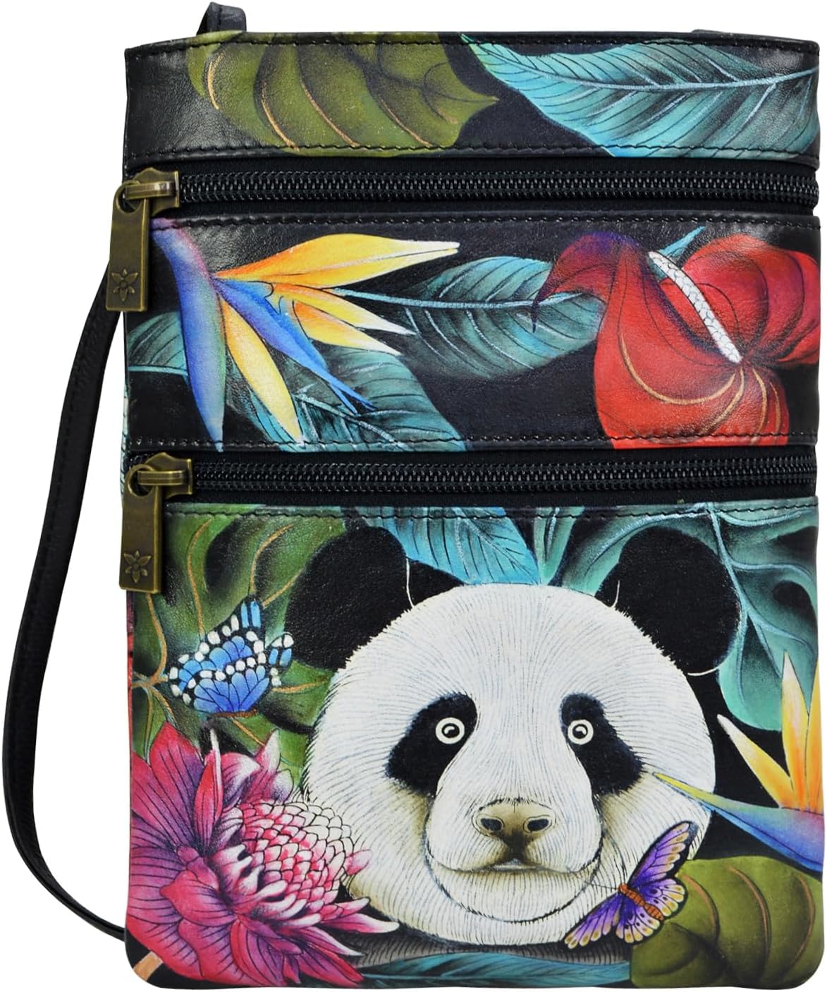 Anuschka Women’s Hand Painted Genuine Leather Mini Double Zip Travel Crossbody - Magnetic Closure, ID Holder & Optical Case