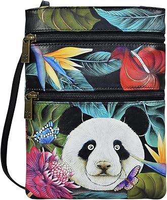 Anuschka Womens Hand Painted Genuine Leather Mini Double Zip Travel Crossbody - Magnetic Closure, ID Holder & Optical Case