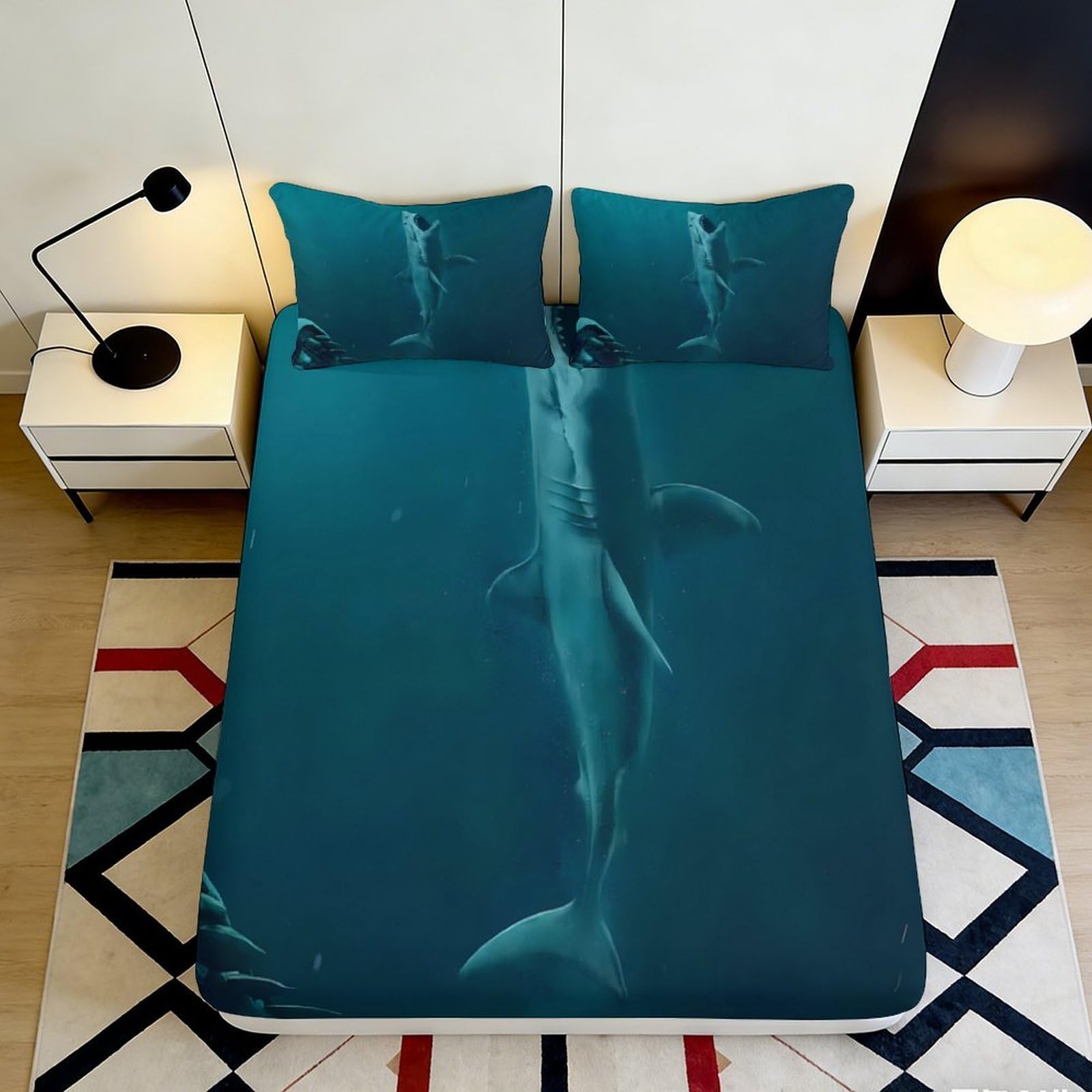 3D Printed Shark Ocean Fitted Sheet Microfiber Slip-Resistant Marine Life Mattress Cover for Bedroom Home Decor 90x200x25cm