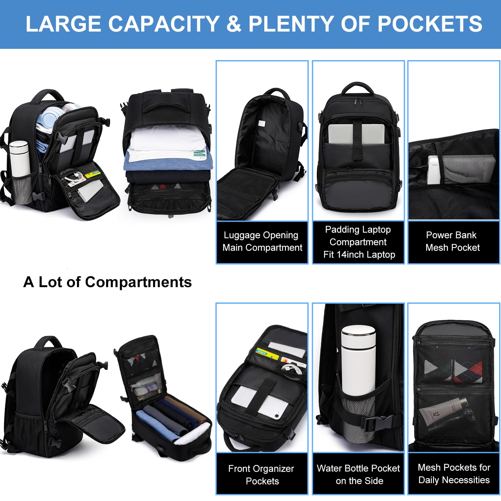 Zaino per Ryanair 40x20x25 Borse da Cabina Bagaglio a Mano Borsa Zaino da Viaggio Aereo Borsa da Viaggio Voli Sedile Bagaglio a Mano Borsa Cabina con Porta Ricarica USB, Zaino per PC 14 pollici