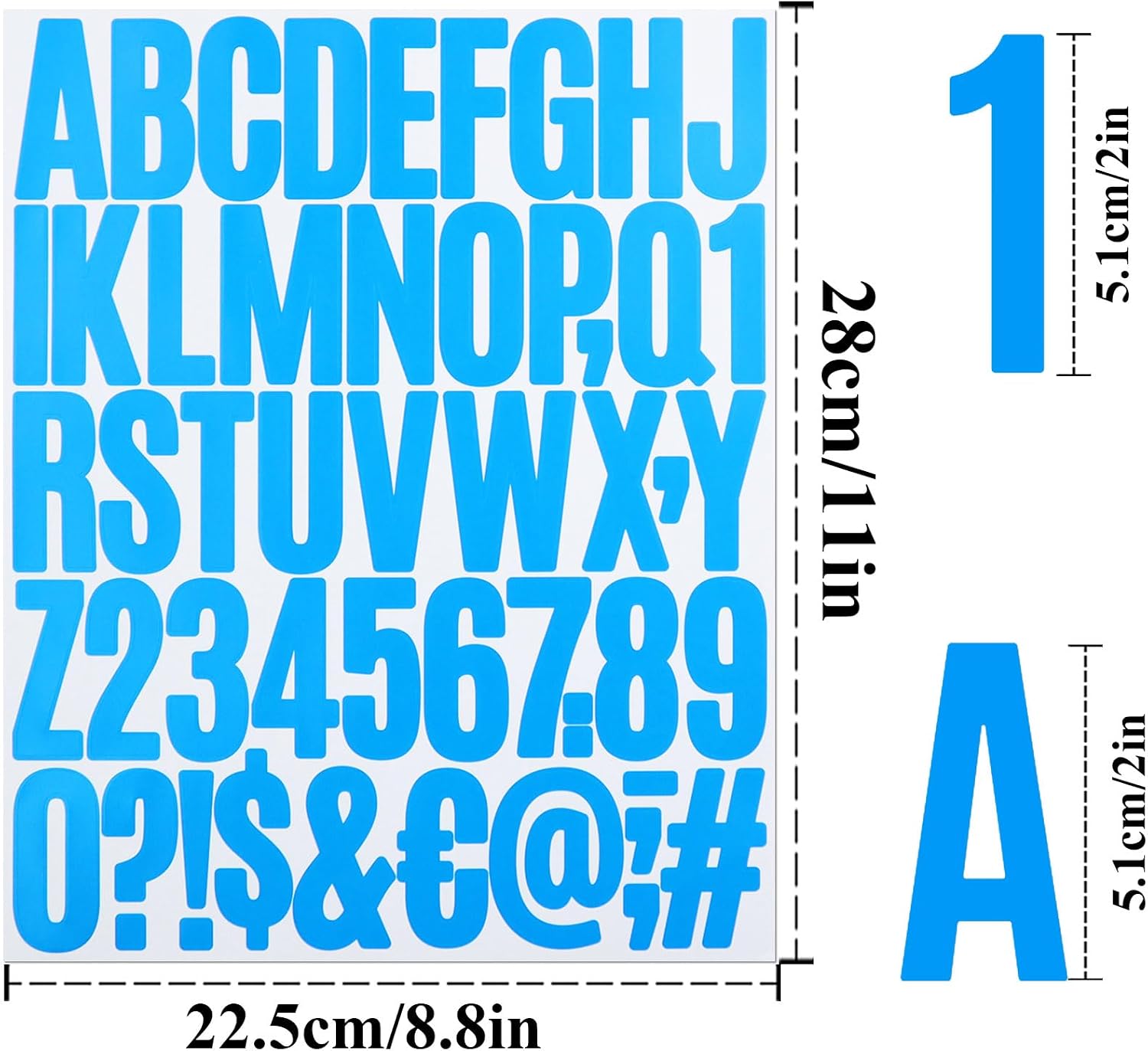 8 Sheets Letter Number Stickers, 2 Inch Self-Adhesive Vinyl Alphabet Punctuation Letter Number Sticker for Mailbox, Scrapbooking, Decoration, Craft, Arts, DIY, Decor - Light Blue