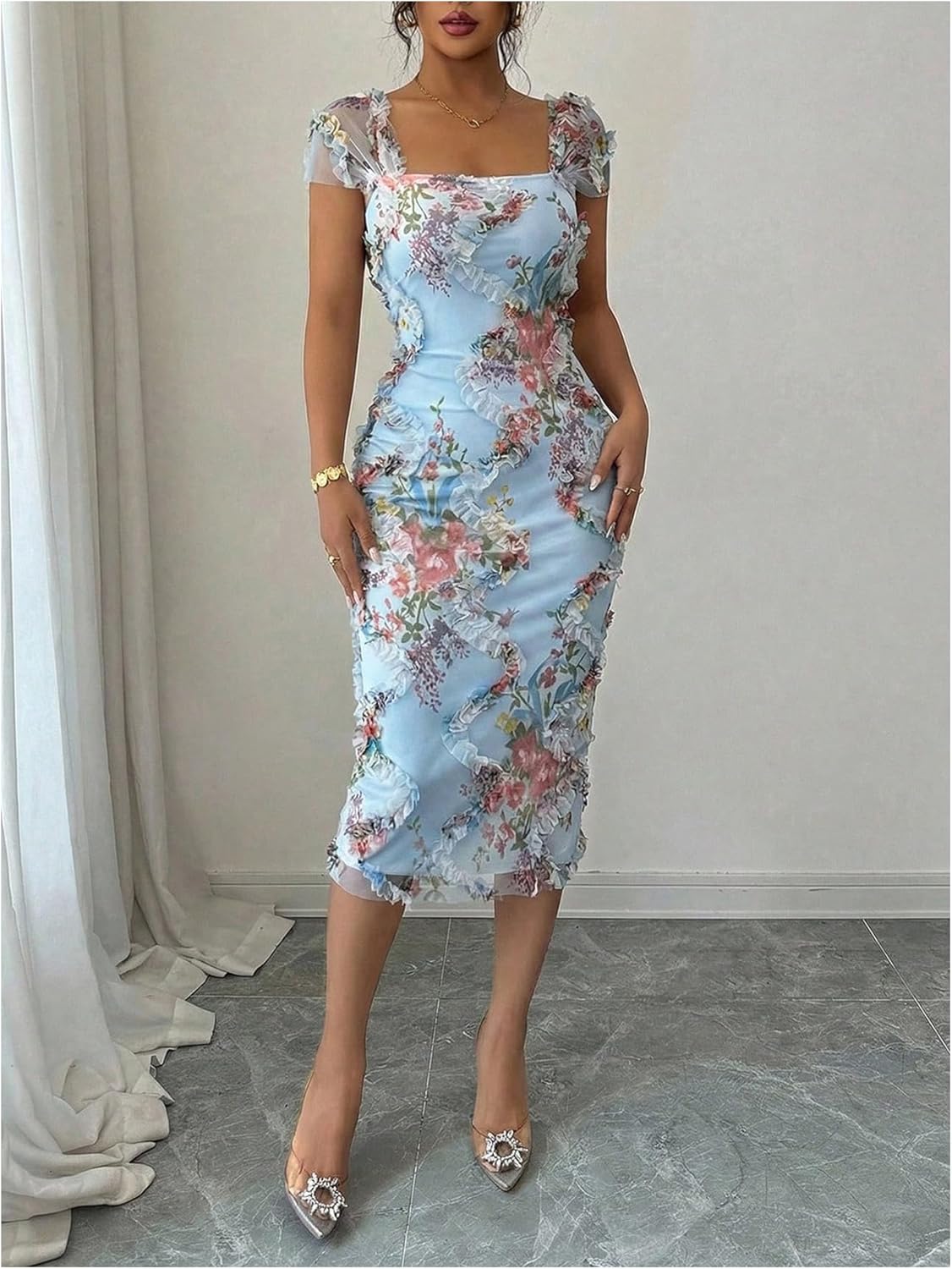 SHENHE Women's Floral Garden Party Dress Ruffle Trim Square Neck Cap Sleeve Mesh Bodycon Midi Dresses