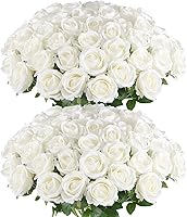 HANANONA 50 Bulk White Artificial Velvet Silk Roses - Realistic Fake Flowers for Wedding Centerpieces, Bouquets & Home Decor