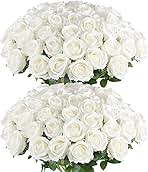 Hananona 50 Pcs Artificial Roses in Bulk, Fake Velvet Silk White Roses Realistic White Roses for Wedding Centerpieces Flower Arrangement Home Decor (50, White)