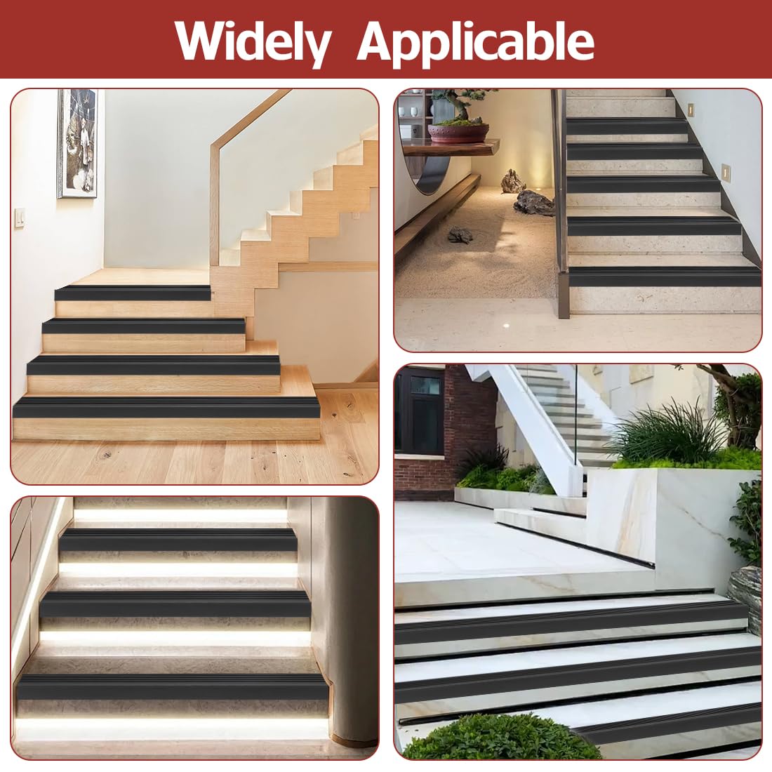 Protector antideslizante para bordes de escaleras, perfil autoadhesivo, antideslizante para exteriores e interiores (negro, 4 m)