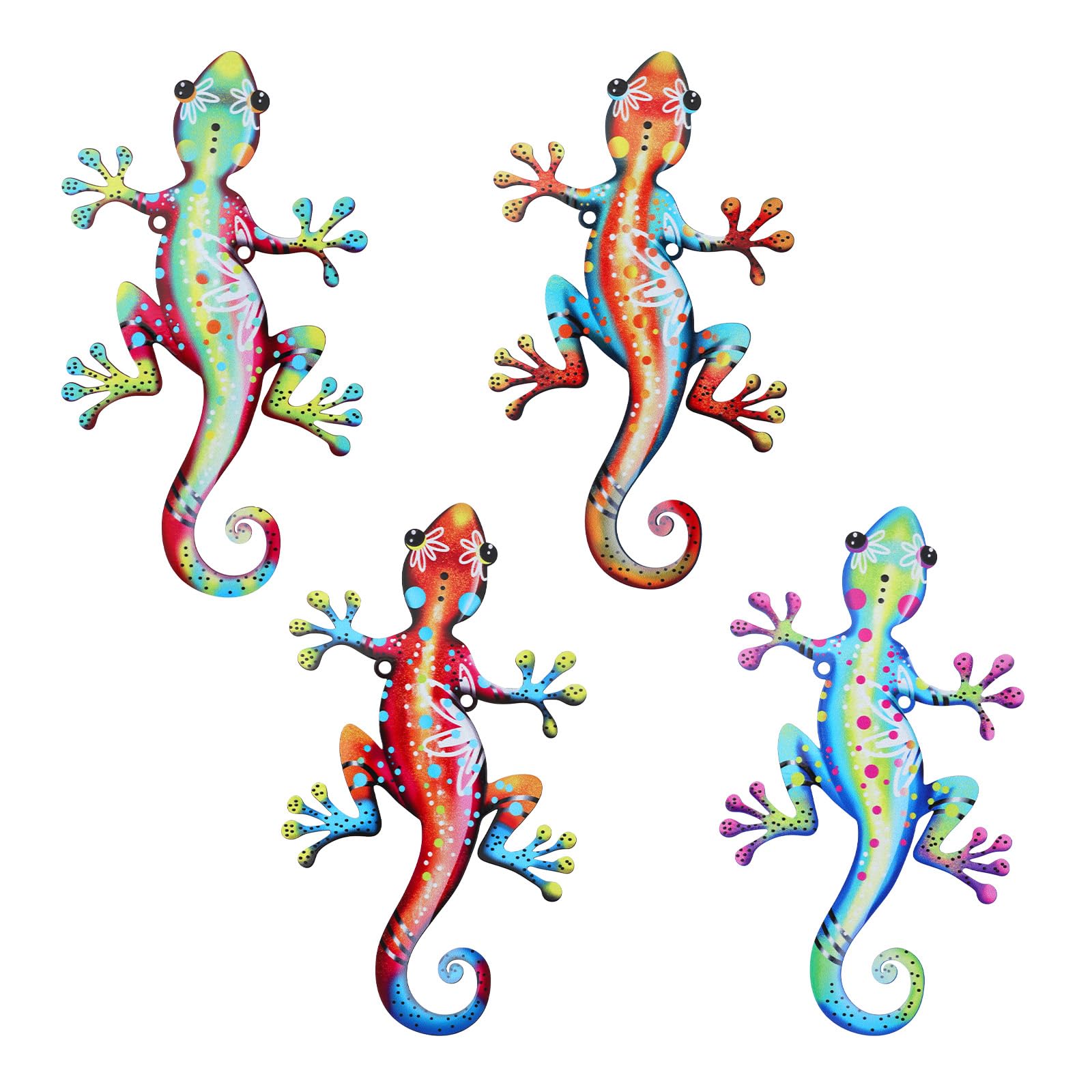 Lot De 4 Décorations Murales Gecko En Métal Coloré – Pour Jardin, Clôture, Patio, Extérieur Ou Intérieur