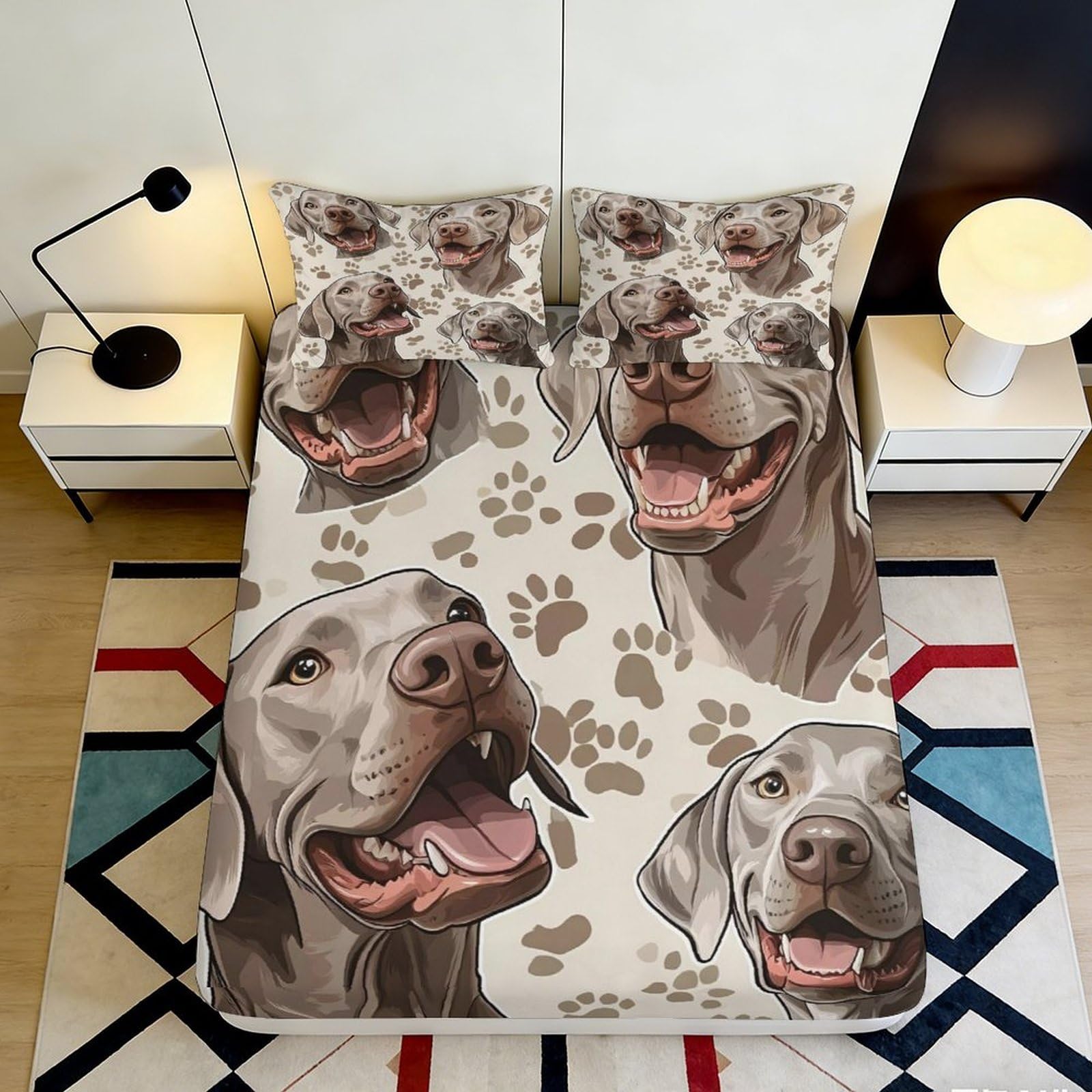 3D Printed Dog Portrait Fitted Sheet Microfiber Soft Anti-Slip Paw Pattern Bed Cover for Bedroom Guest Room Decor 90x200x25cm